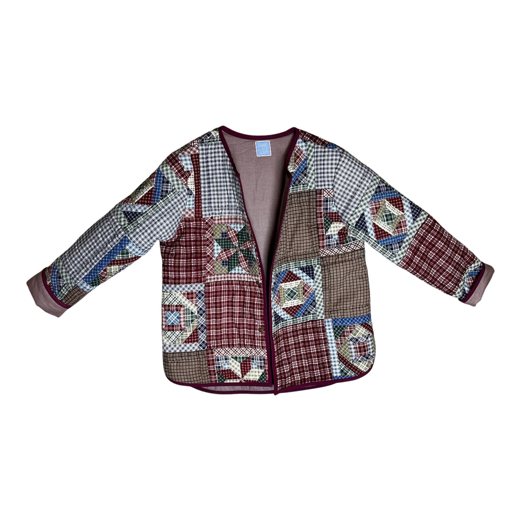 One-Piece Patchwork Coat – Hand-Stitched Cotton, Maroon Binding | Women's M/L