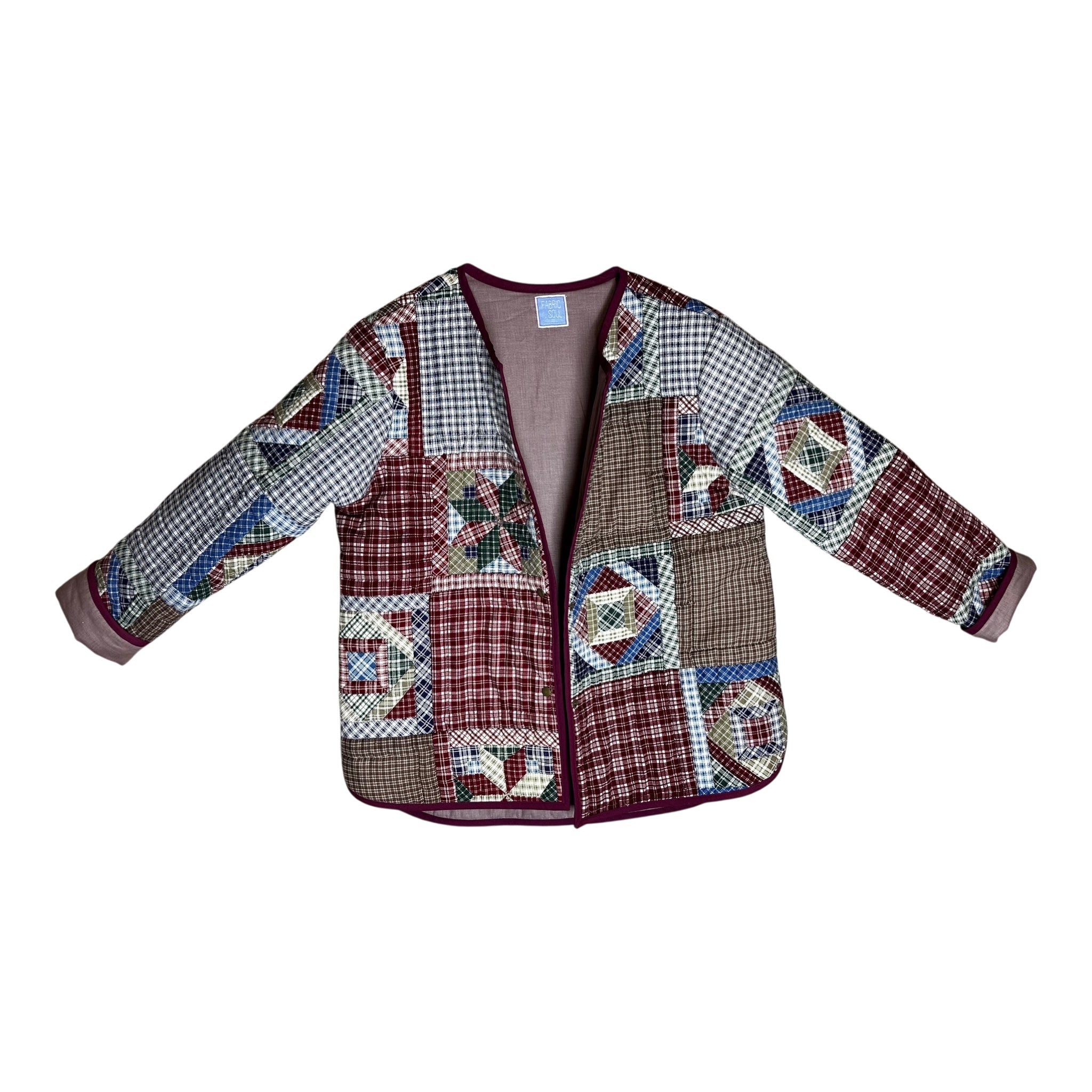 One-Piece Patchwork Coat – Hand-Stitched Cotton, Maroon Binding | Women's M/L