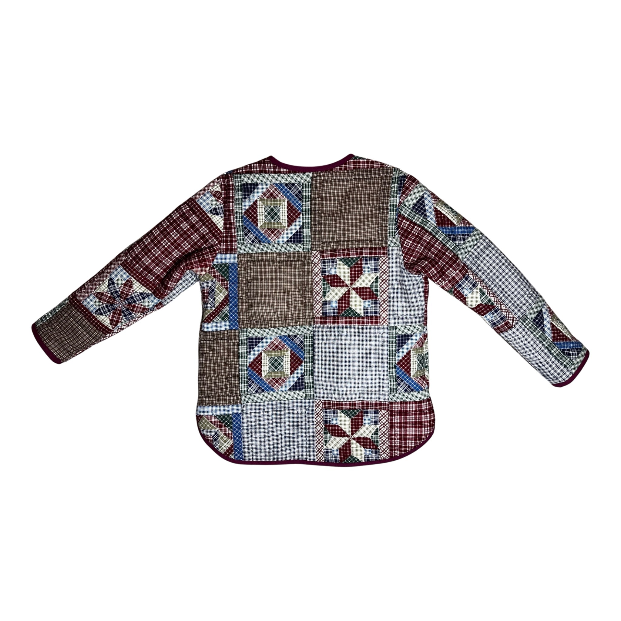 One-Piece Patchwork Coat – Hand-Stitched Cotton, Maroon Binding | Women's M/L