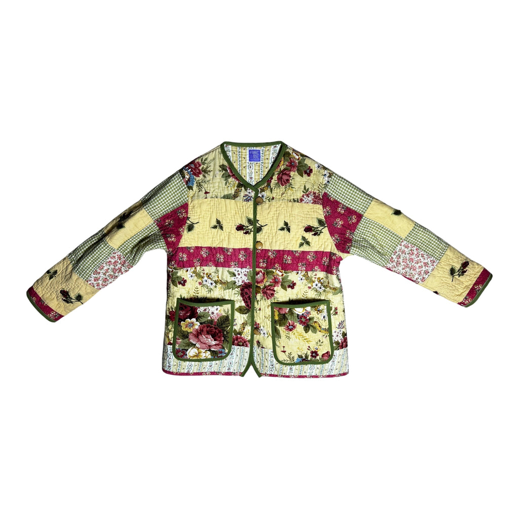 Front view of multicolor floral patchwork handmade, sustainable quilted jacket by Fabric & Soul.
