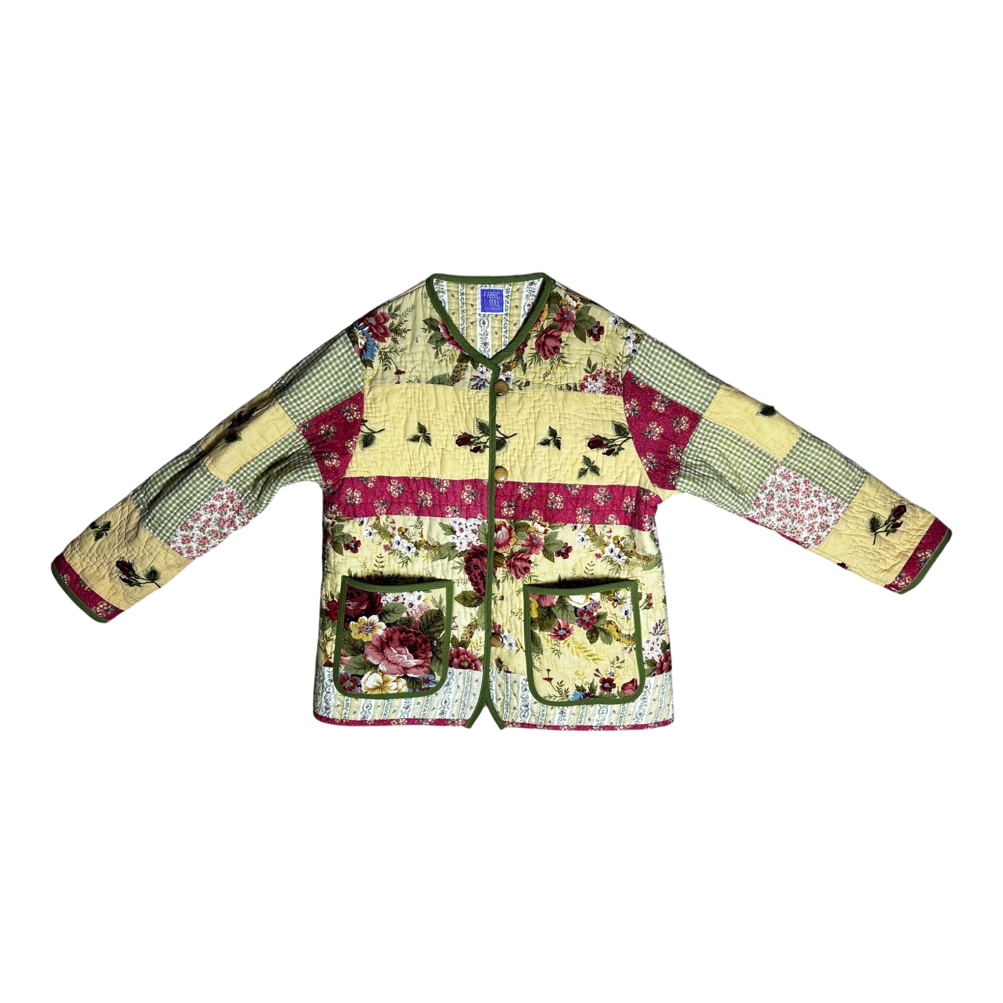 Front view of multicolor floral patchwork handmade, sustainable quilted jacket by Fabric & Soul.