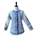 Front view lightweight quilted blue coat white cotton lining handmade Fabric and Soul Cotuit MA