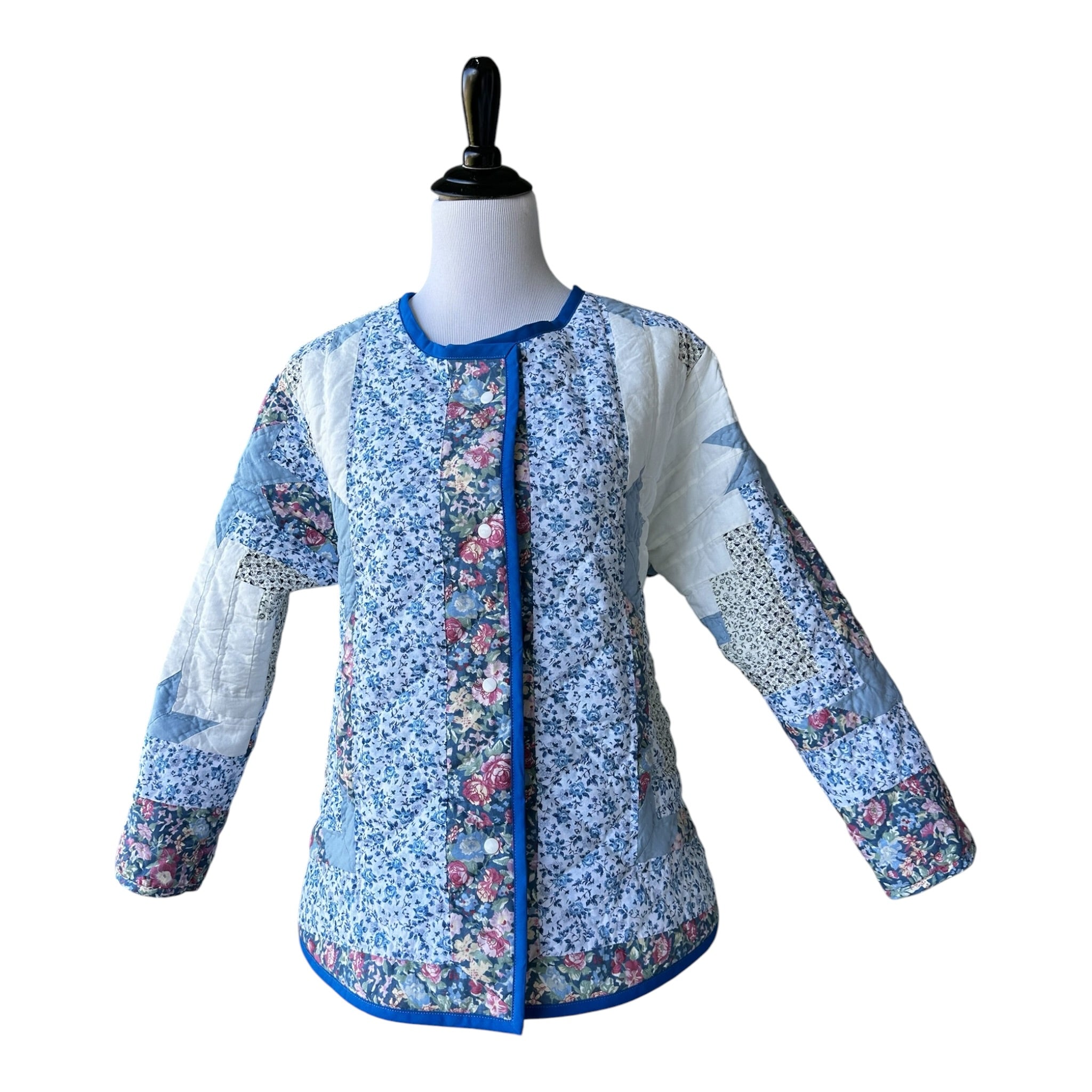 Front view lightweight quilted blue coat white cotton lining handmade Fabric and Soul Cotuit MA