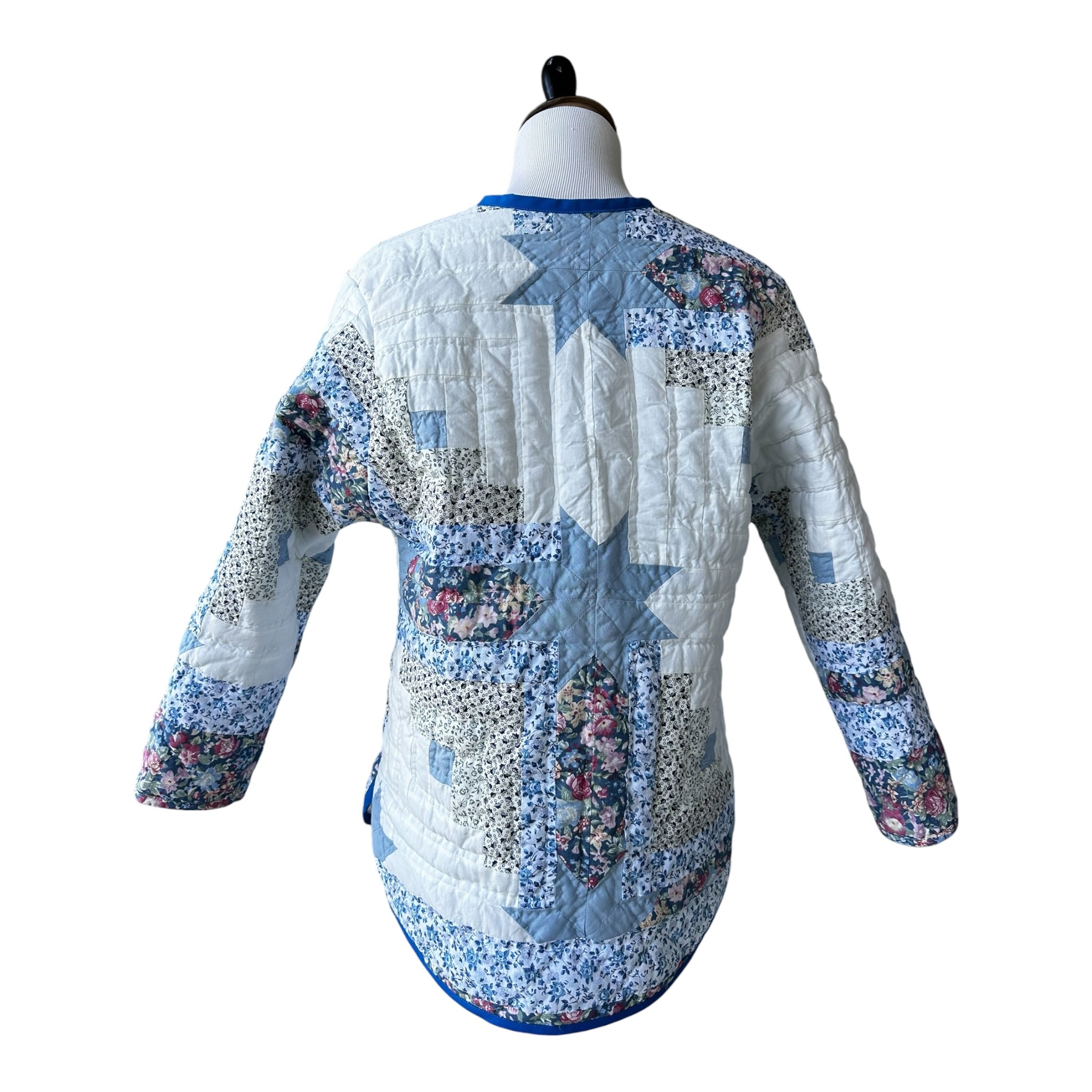 Back view Everyday Blue quilted coat dropped shoulder one-of-a-kind from Fabric and Soul Cotuit MA