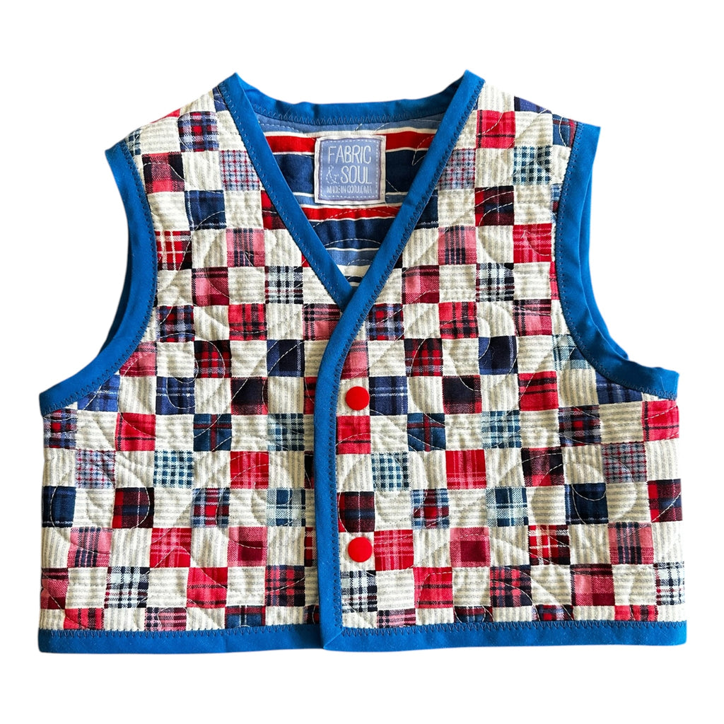 Red, White & Blue Patchwork Quilted Vest – Handmade Child's Americana Vest, Longarm Quilted