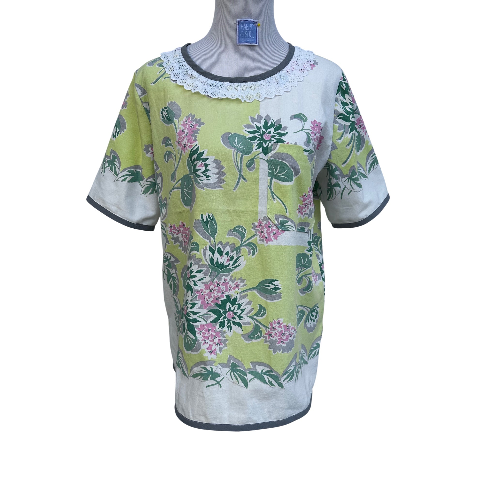 1950s "Lime Blossom" Floral Tunic | Vintage Tablecloth Top | Sustainable Cotton Pullover (Medium)