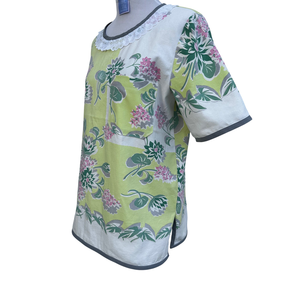 1950s "Lime Blossom" Floral Tunic | Vintage Tablecloth Top | Sustainable Cotton Pullover (Medium)
