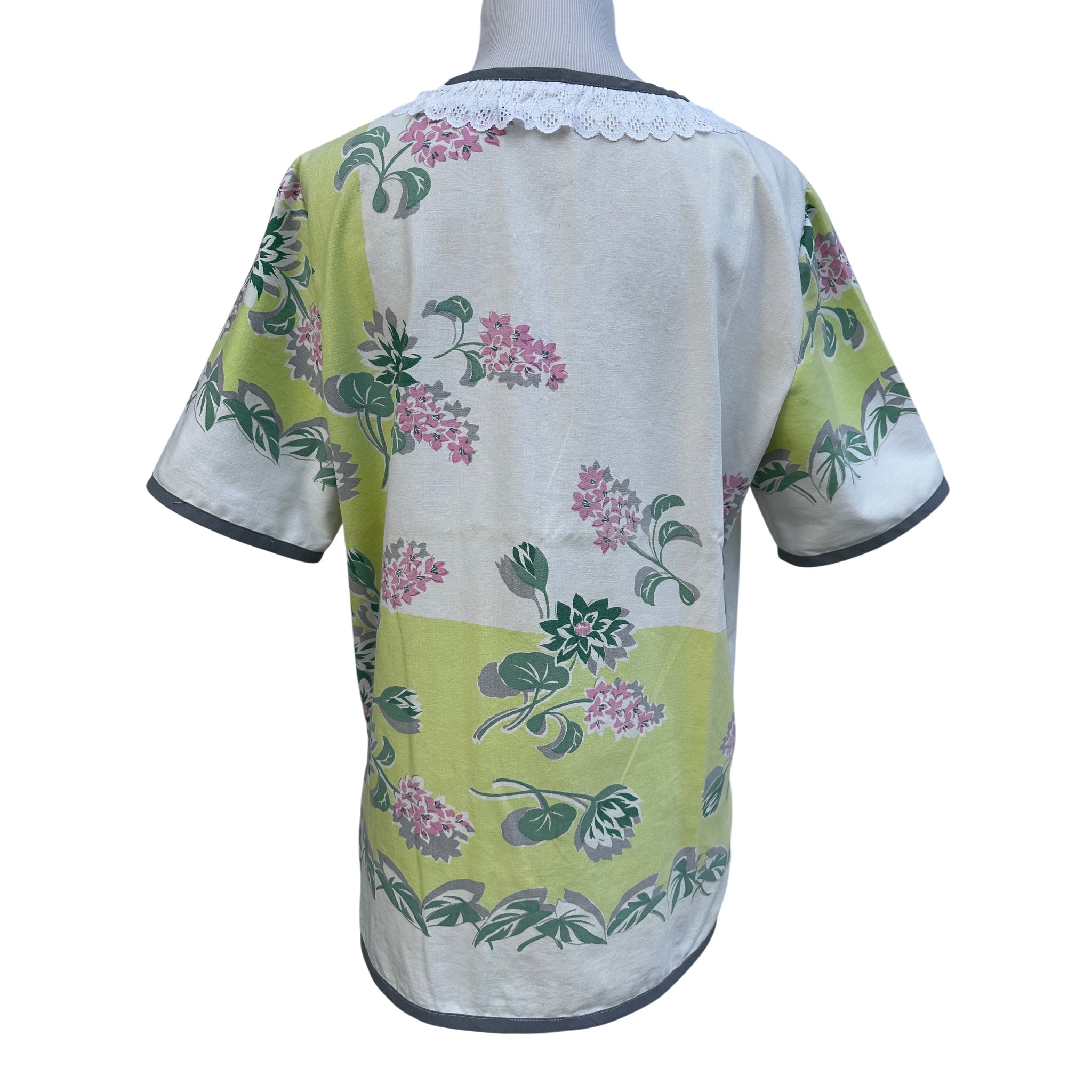 1950s "Lime Blossom" Floral Tunic | Vintage Tablecloth Top | Sustainable Cotton Pullover (Medium)