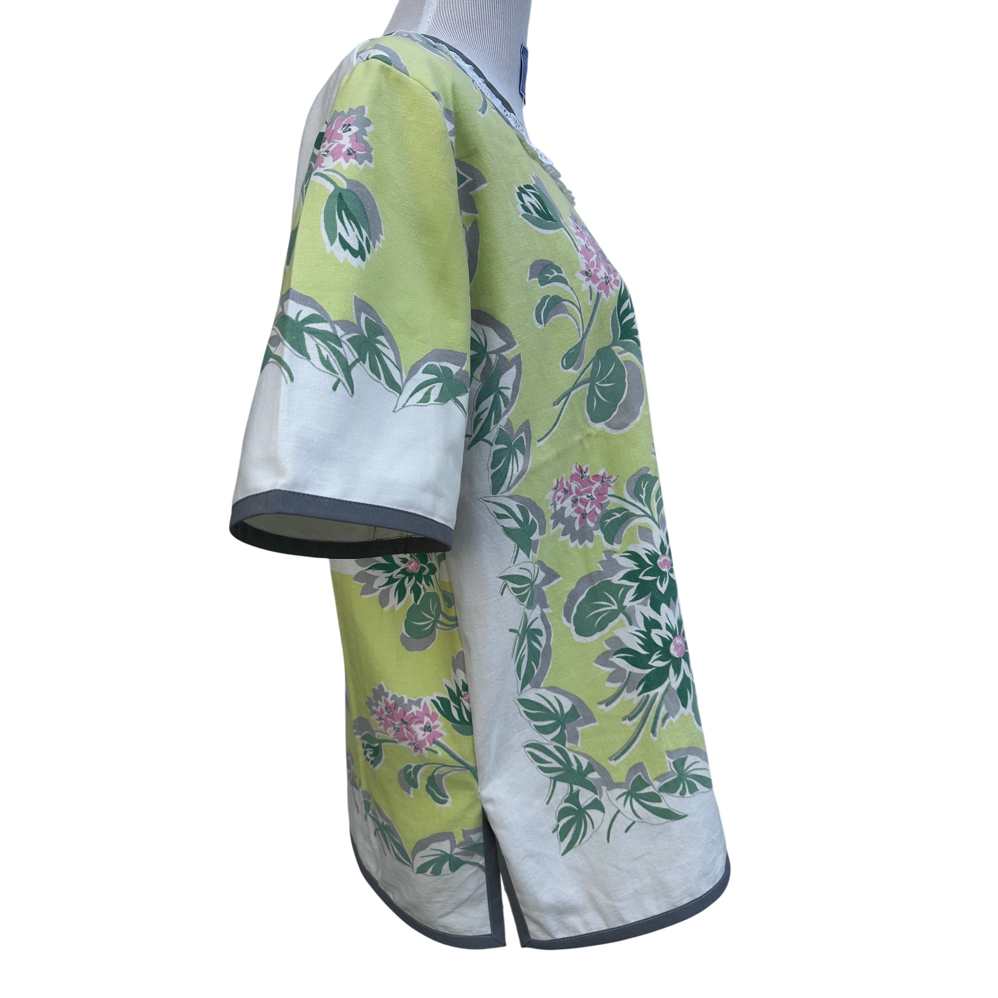1950s "Lime Blossom" Floral Tunic | Vintage Tablecloth Top | Sustainable Cotton Pullover (Medium)