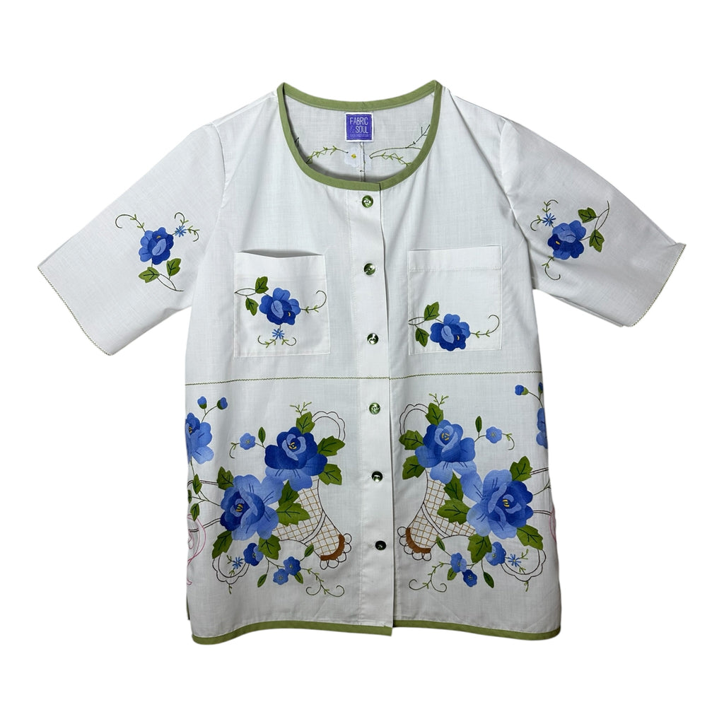 Vintage Blue Floral Basket Blouse | Button-Down Cotton Top | Size Small