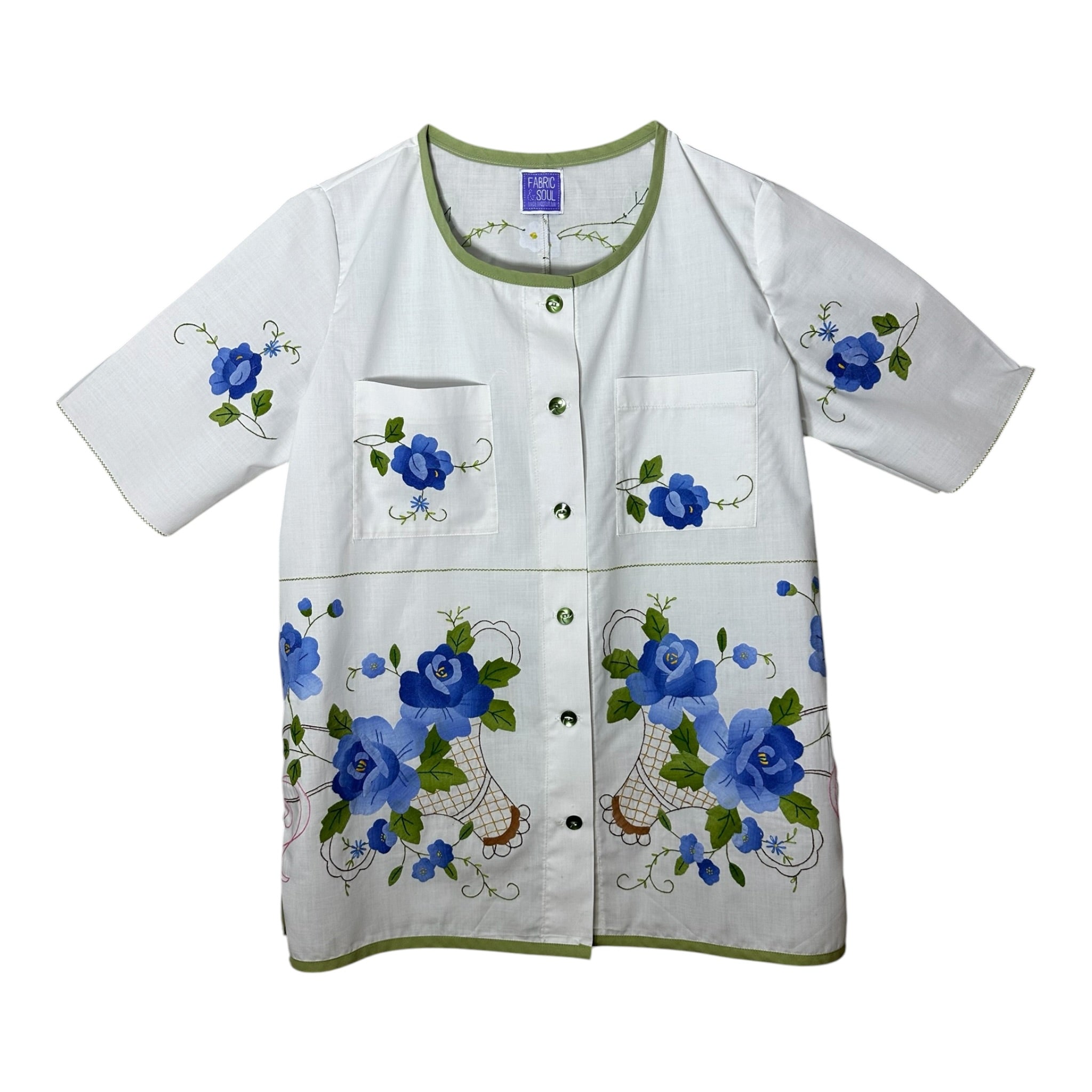 Vintage Blue Floral Basket Blouse | Button-Down Cotton Top | Size Small