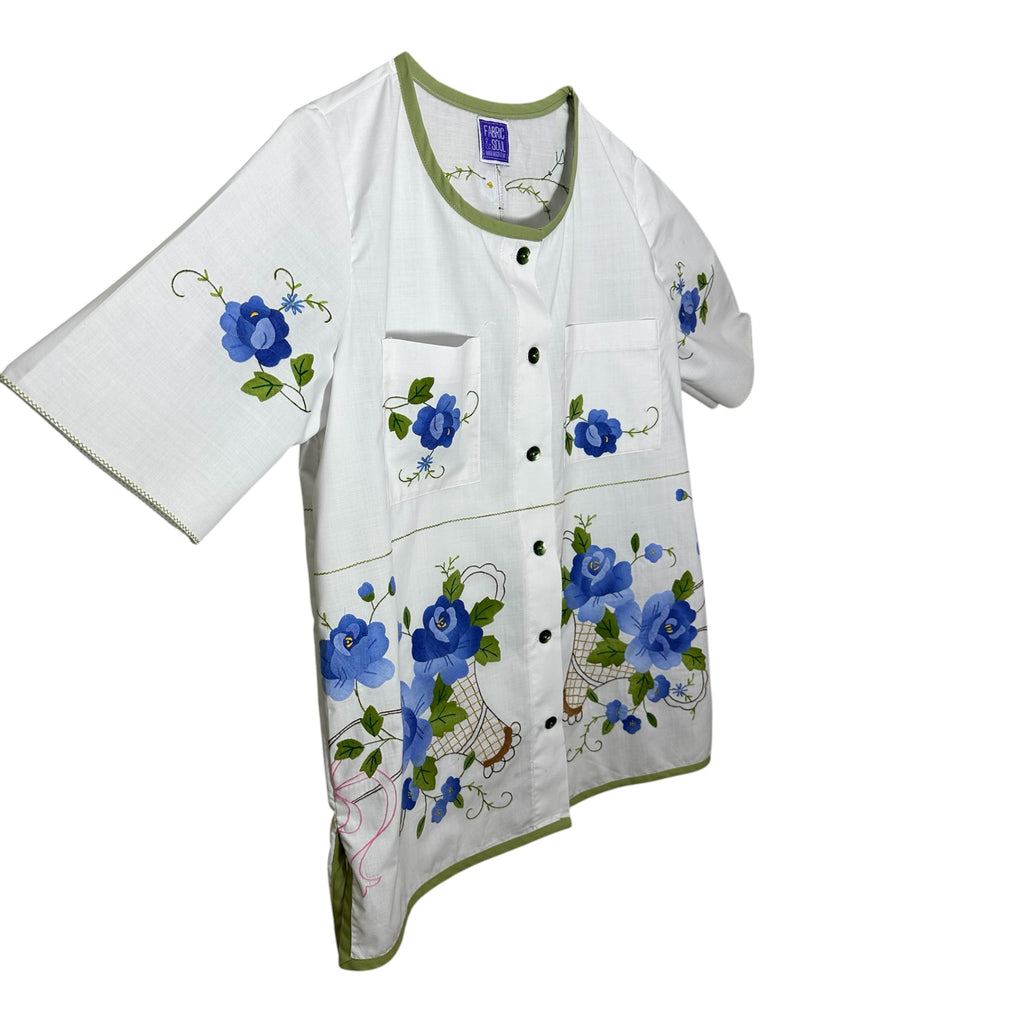 Vintage Blue Floral Basket Blouse | Button-Down Cotton Top | Size Small