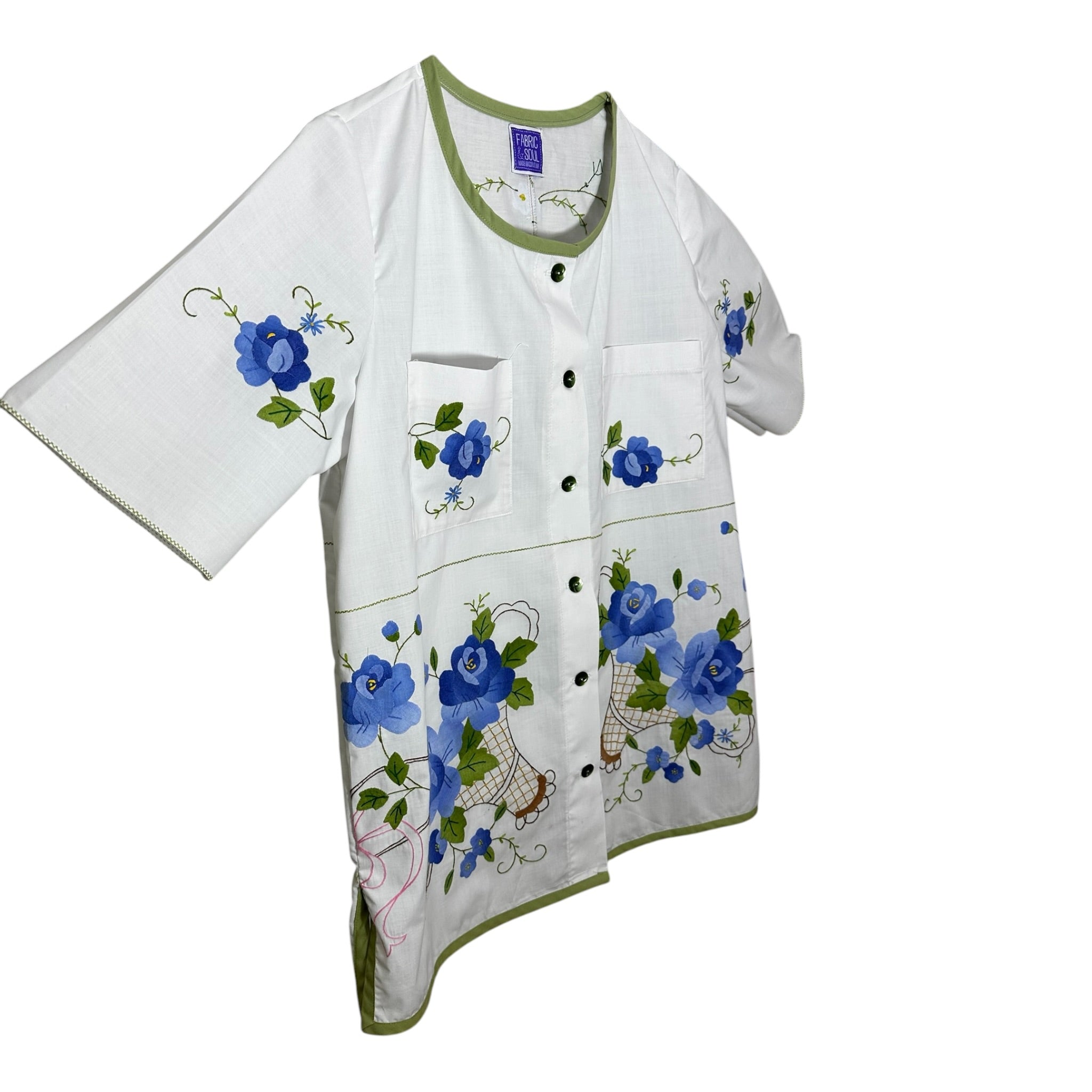 Vintage Blue Floral Basket Blouse | Button-Down Cotton Top | Size Small