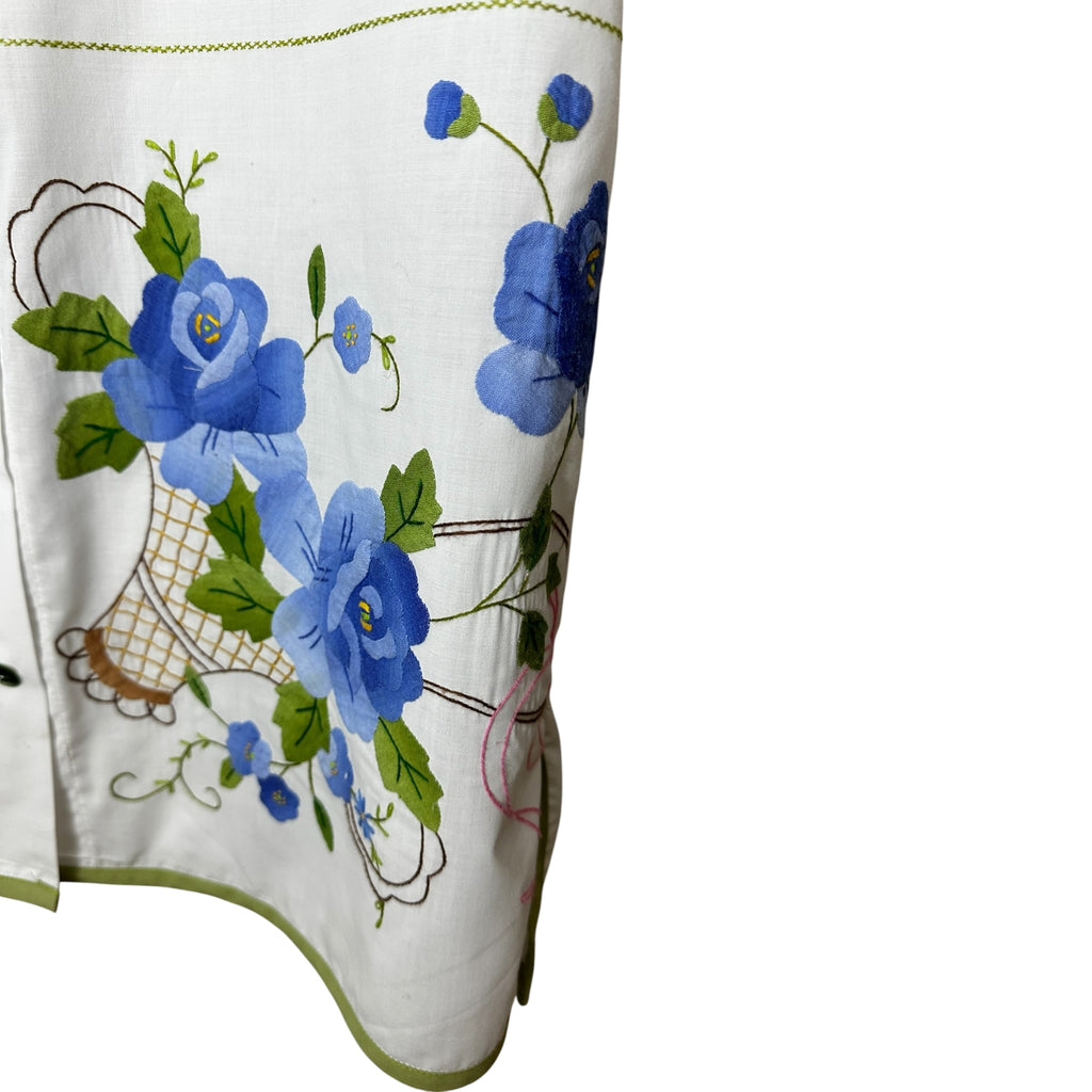Vintage Blue Floral Basket Blouse | Button-Down Cotton Top | Size Small