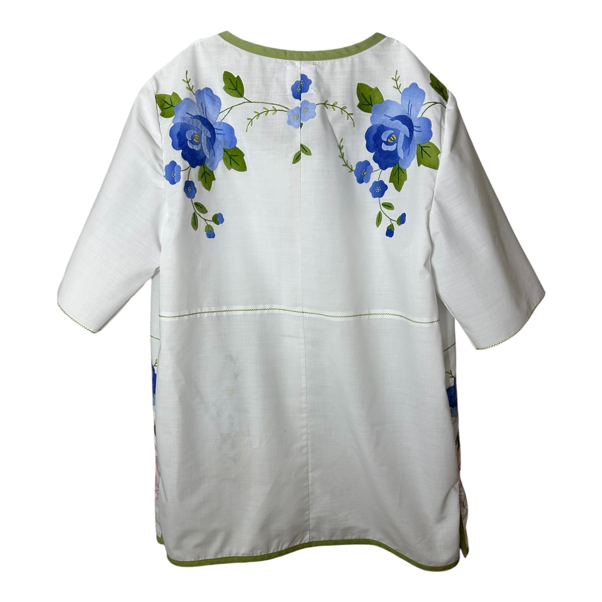 Vintage Blue Floral Basket Blouse | Button-Down Cotton Top | Size Small