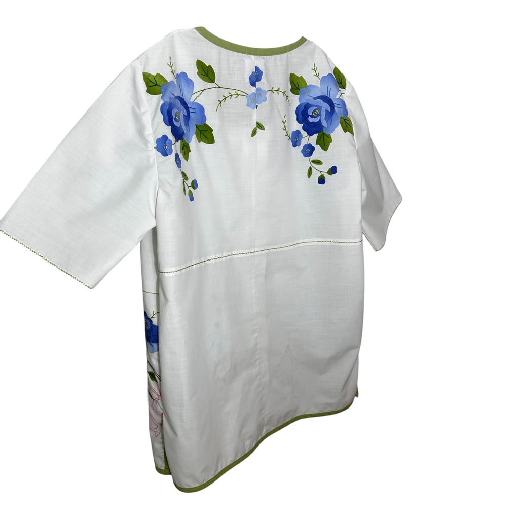Vintage Blue Floral Basket Blouse | Button-Down Cotton Top | Size Small