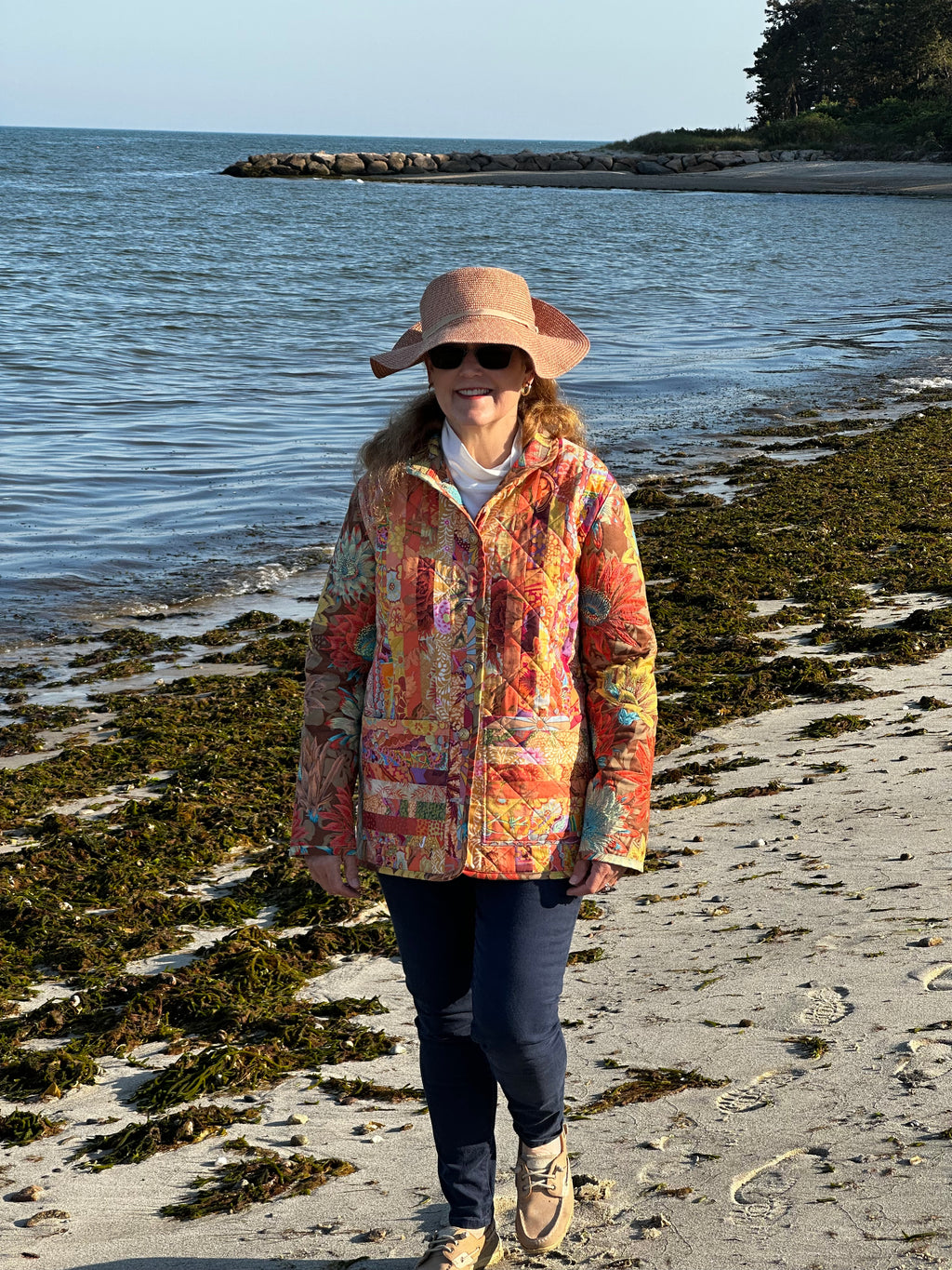 Fall for the Colors quilted coat — front view, handmade binding detail, Cotuit Massachusetts, Fabric & Soul