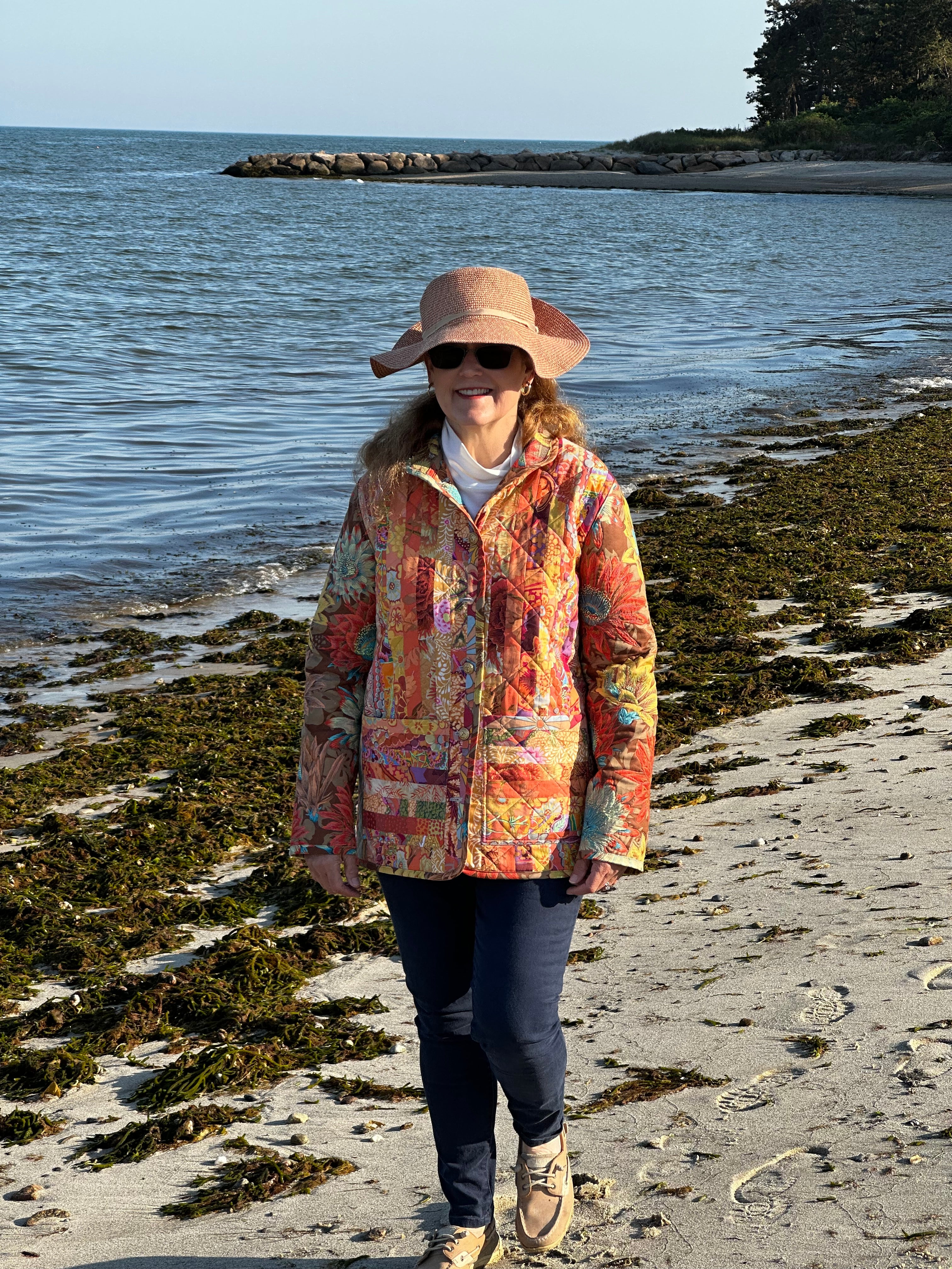 Fall for the Colors quilted coat — front view, handmade binding detail, Cotuit Massachusetts, Fabric & Soul