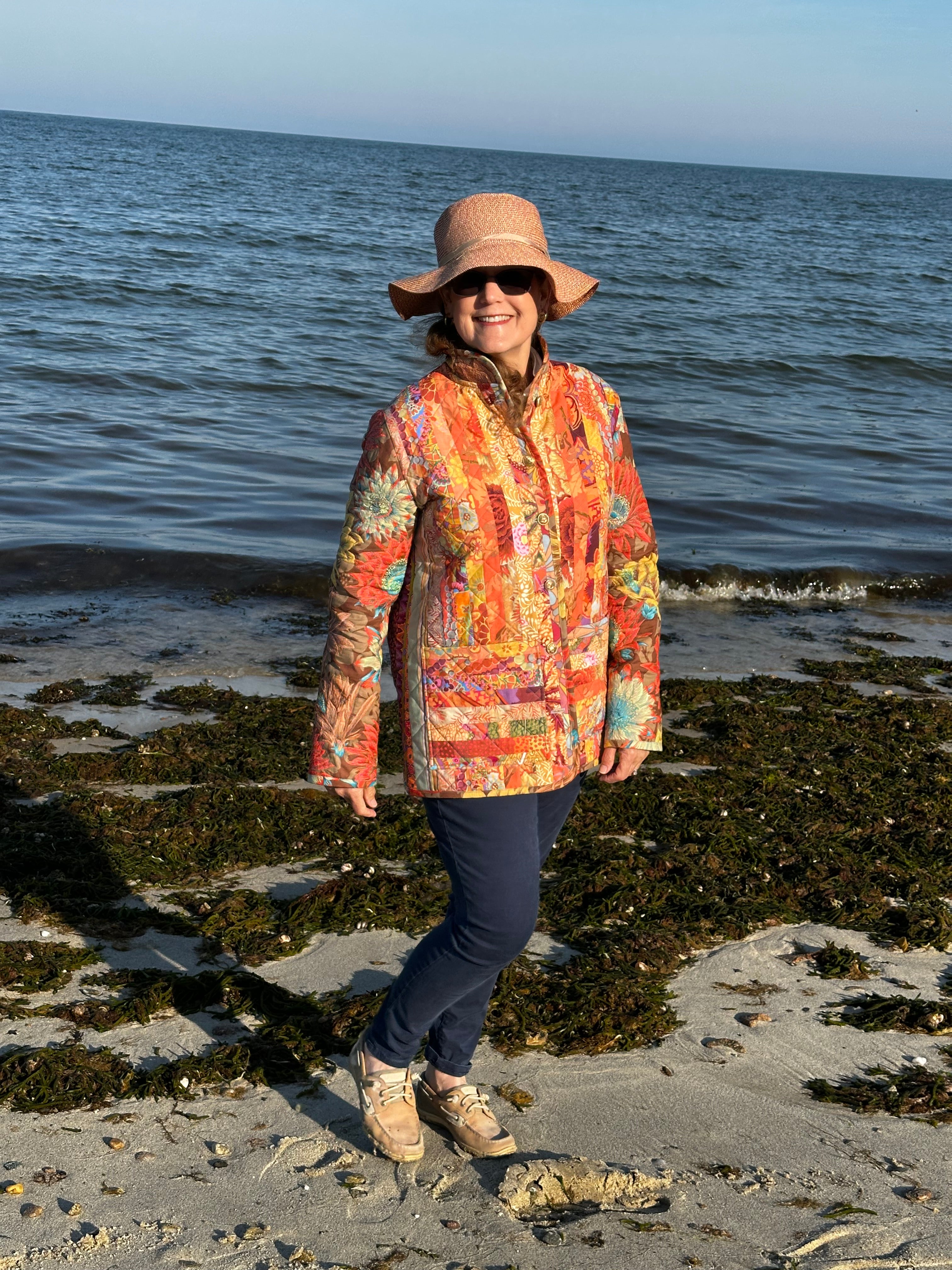 Fall for the Colors quilted coat — side and pocket  view, handmade binding detail, Cotuit Massachusetts Fabric & Soul