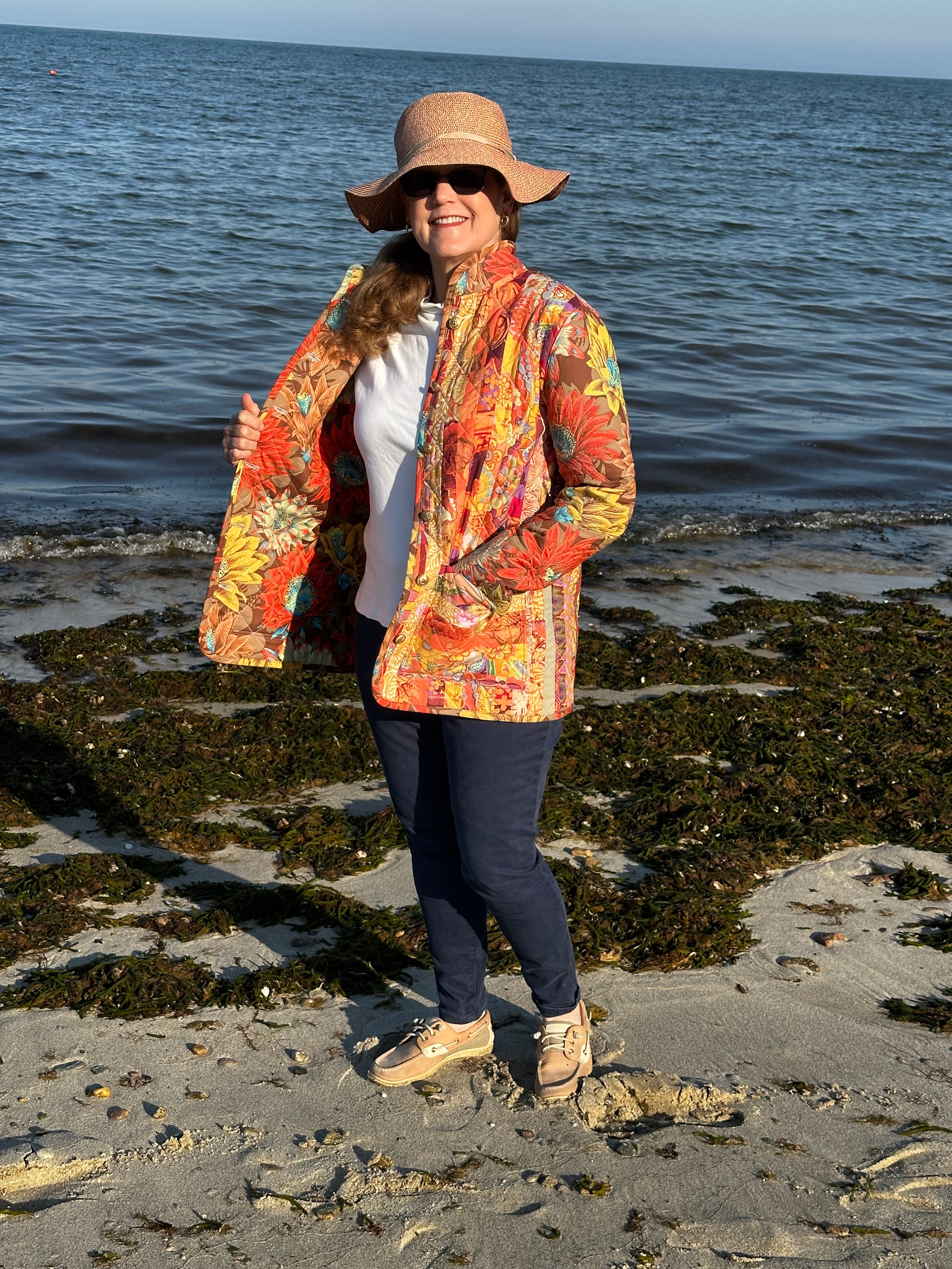 Fall for the Colors Kaffe Fassett quilted coat — side view, handmade by Fabric & Soul