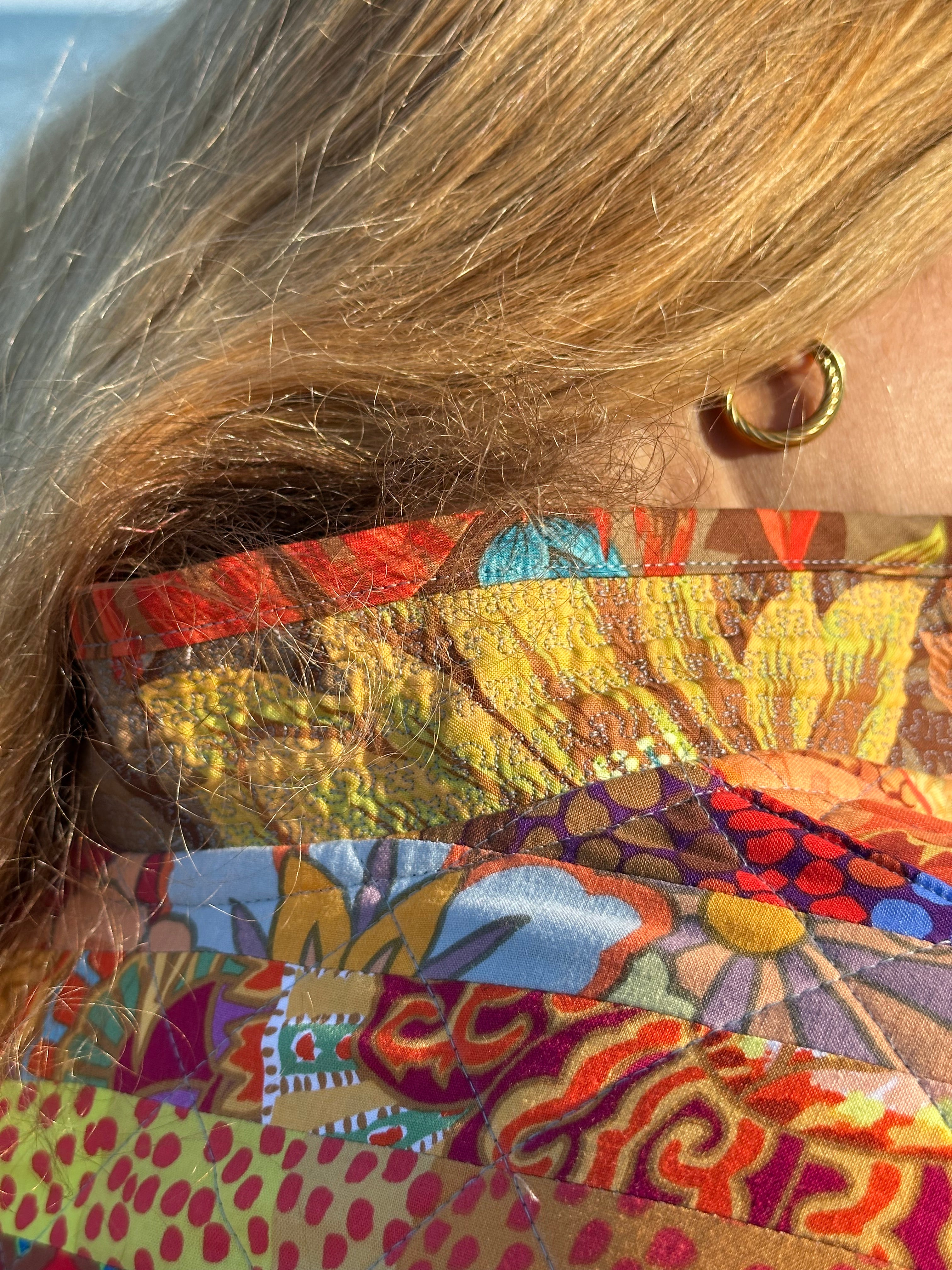 Handmade Kaffe Fassett quilted coat — Collar and quilting detail, vibrant patchwork, Fabric & Soul