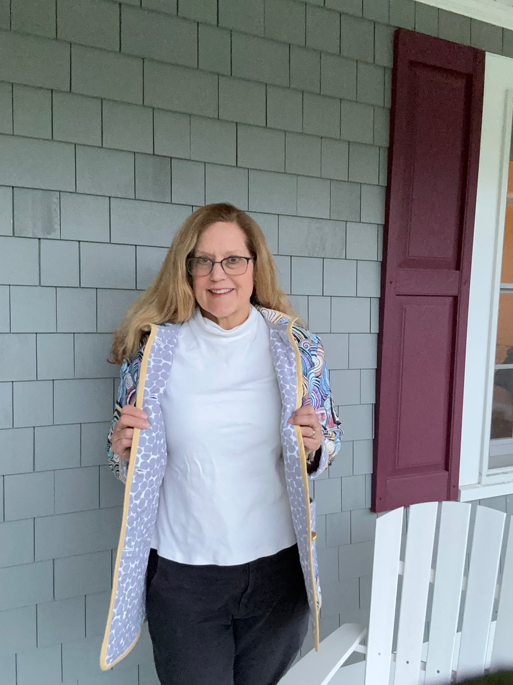 Handmade women's quilted coat open front showing stone-pattern cotton lining and sandy-gold binding, one of a kind wearable art