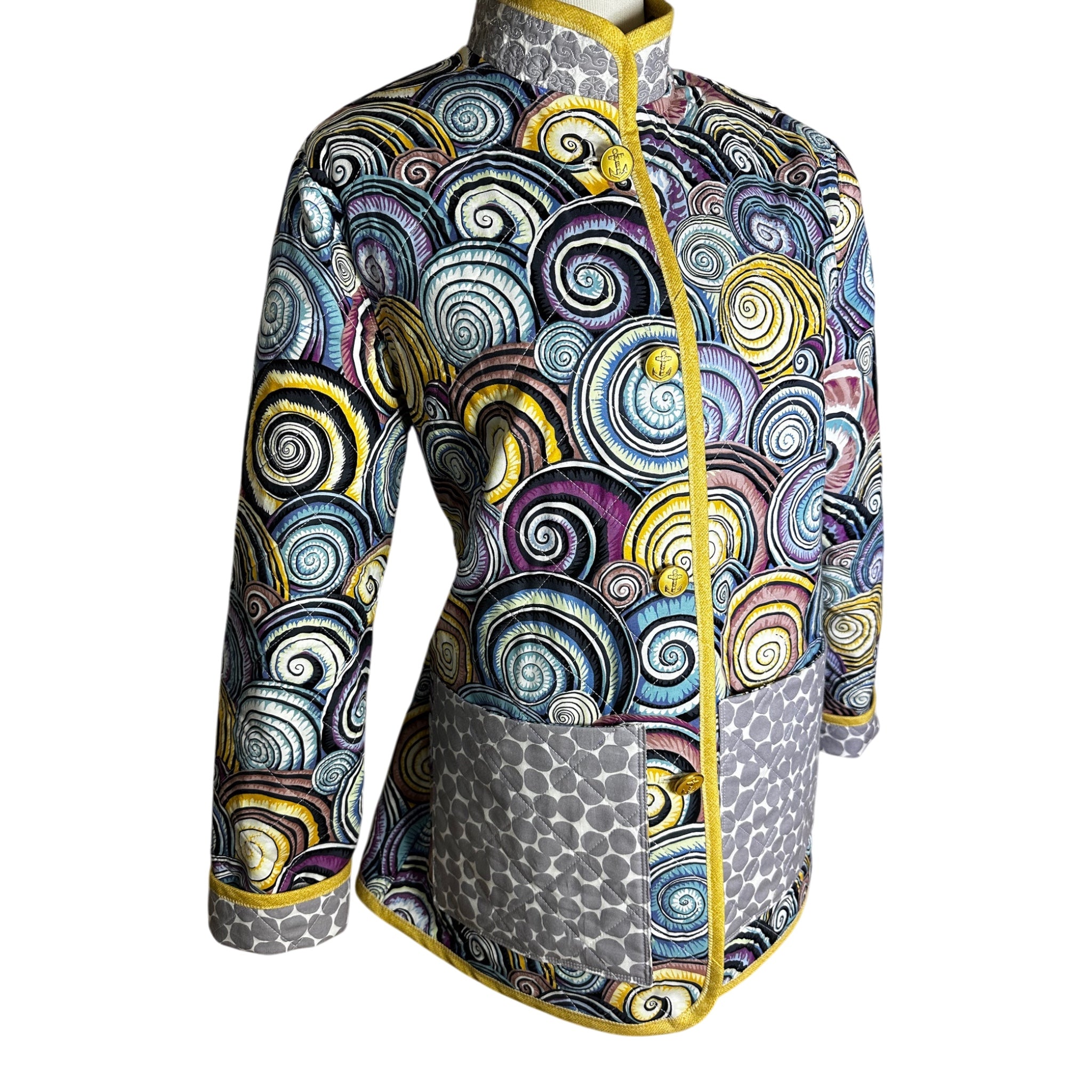 Women's handmade quilted coat Kaffe Fassett shell print and contrasting pockets, lining and collar, front view, Fabric & Soul Cape Cod