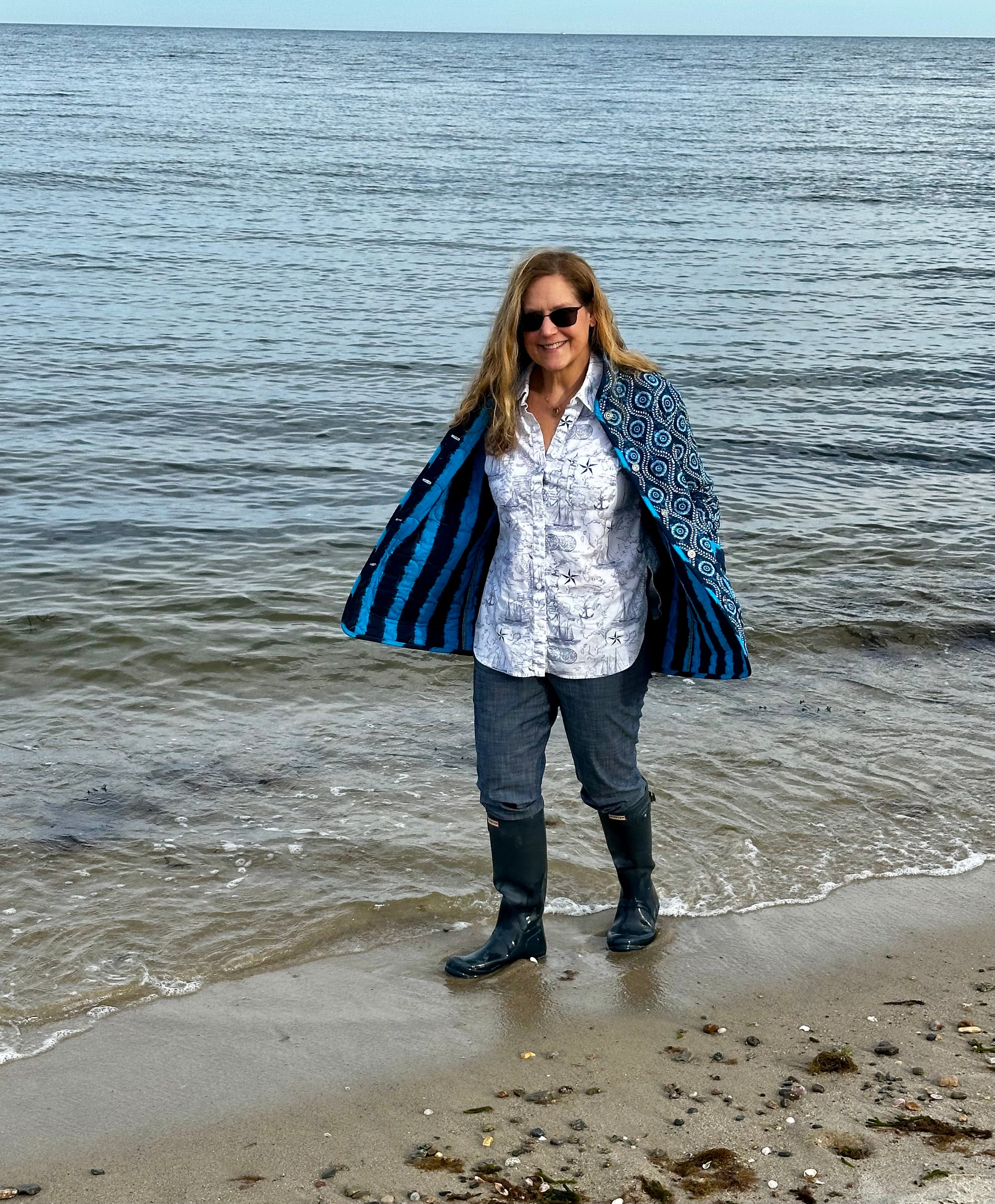 Interior lining detail, handmade coastal blue quilted jacket, Fabric & Soul