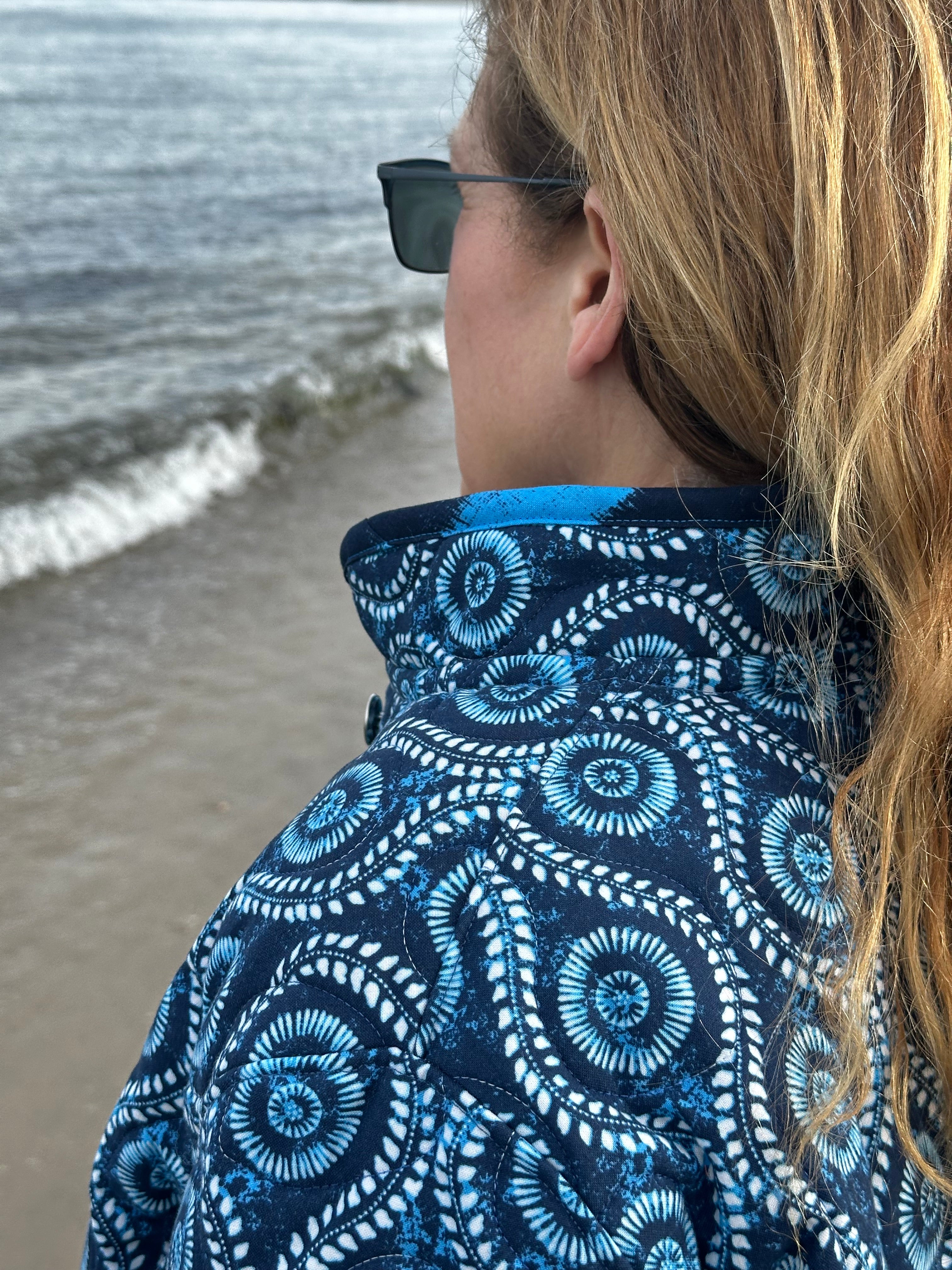 Binding & collar detail on handmade coastal blue quilted jacket, Fabric & Soul