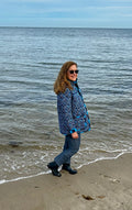 Handmade coastal blue quilted jacket, side view, women's relaxed fit, Fabric & Soul Cotuit