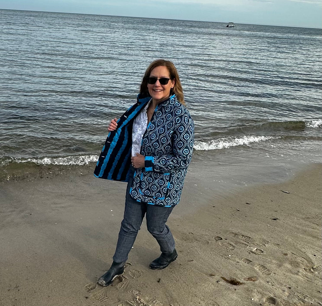 Handmade coastal blue quilted jacket, side view, women's medium, Fabric & Soul Cotuit