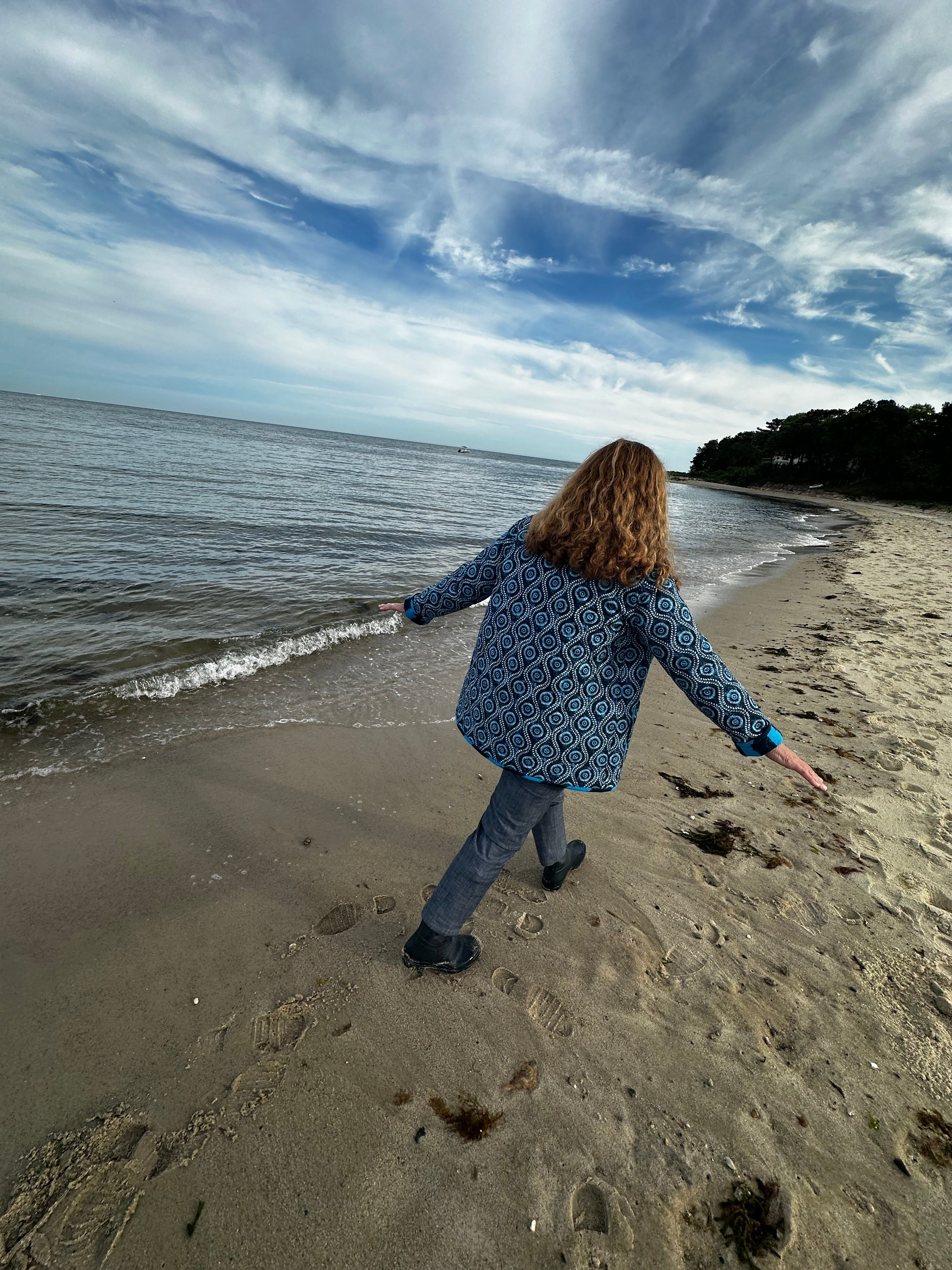 Coastal blue quilted jacket sleeve & back detail, handmade wearable art, Fabric & Soul