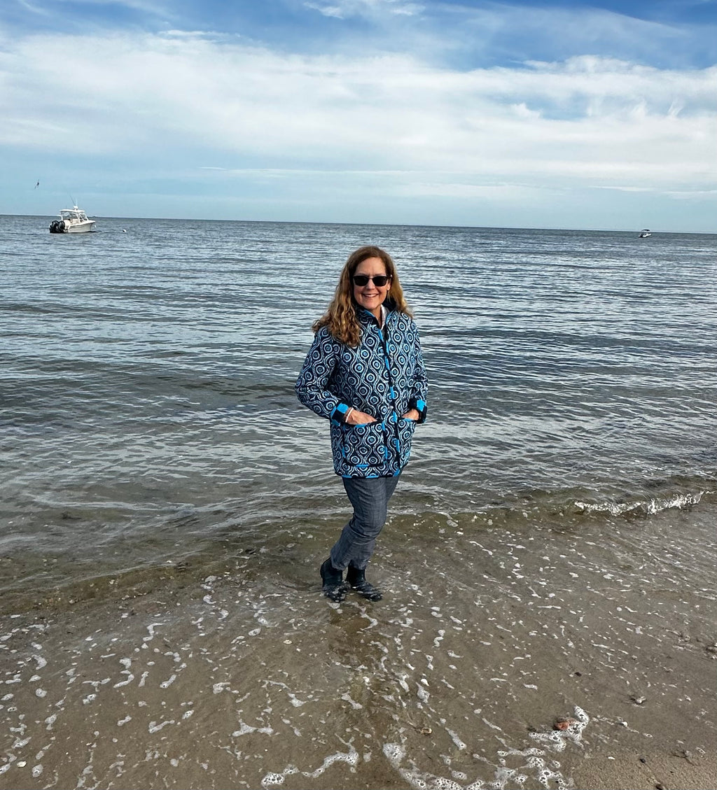 Handmade coastal blue quilted jacket, front view showing pockets, women's relaxed fit, Fabric & Soul Cotuit