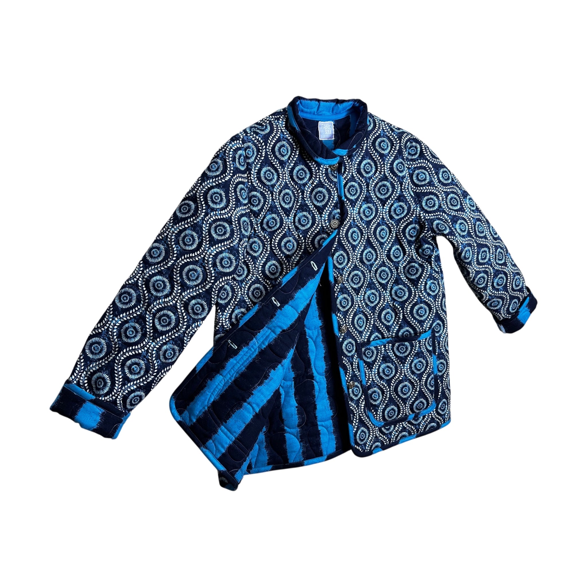 Close-up of quilted stitching detail, coastal blue handmade jacket, Fabric & Soul