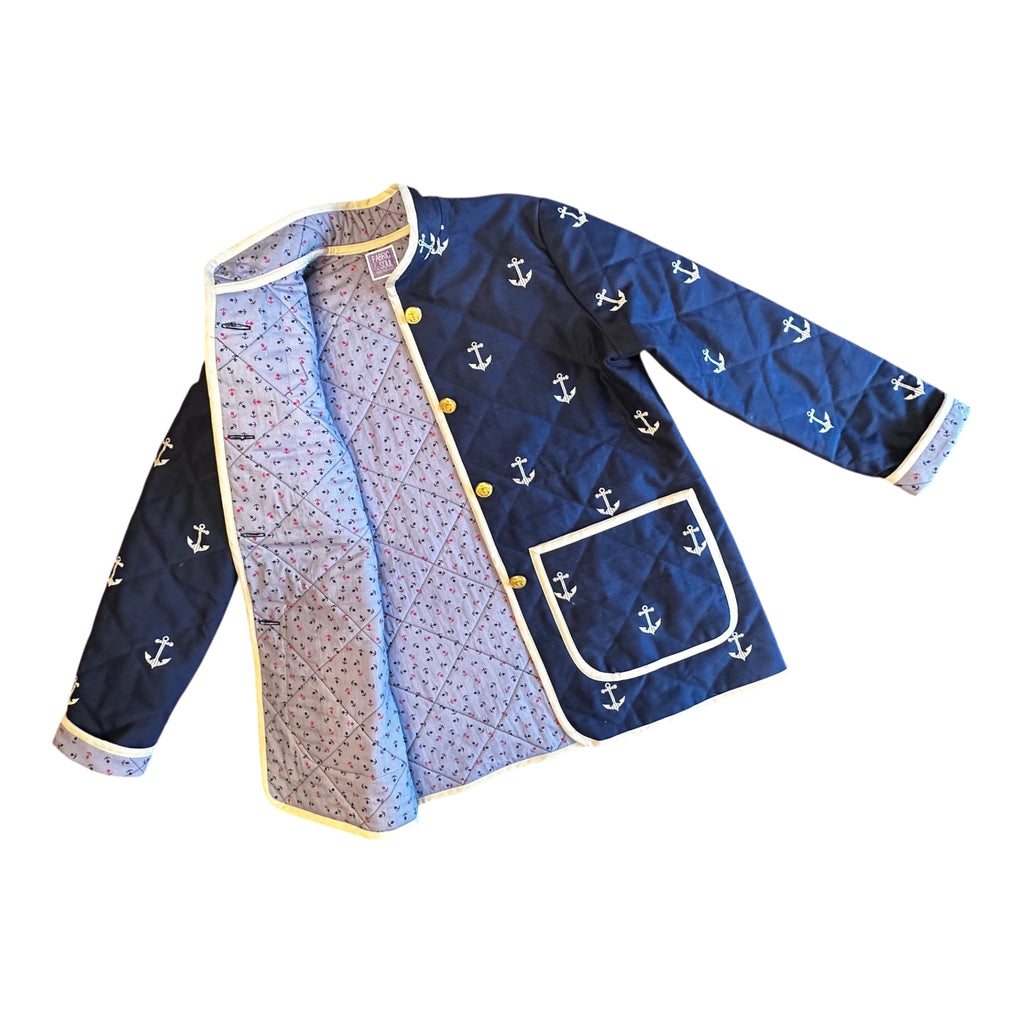 Harbor Heritage Quilted Coat open view showing Egyptian cotton anchor-print lining made in Ohio, USA. Handmade by Fabric & Soul in Cotuit, Cape Cod.