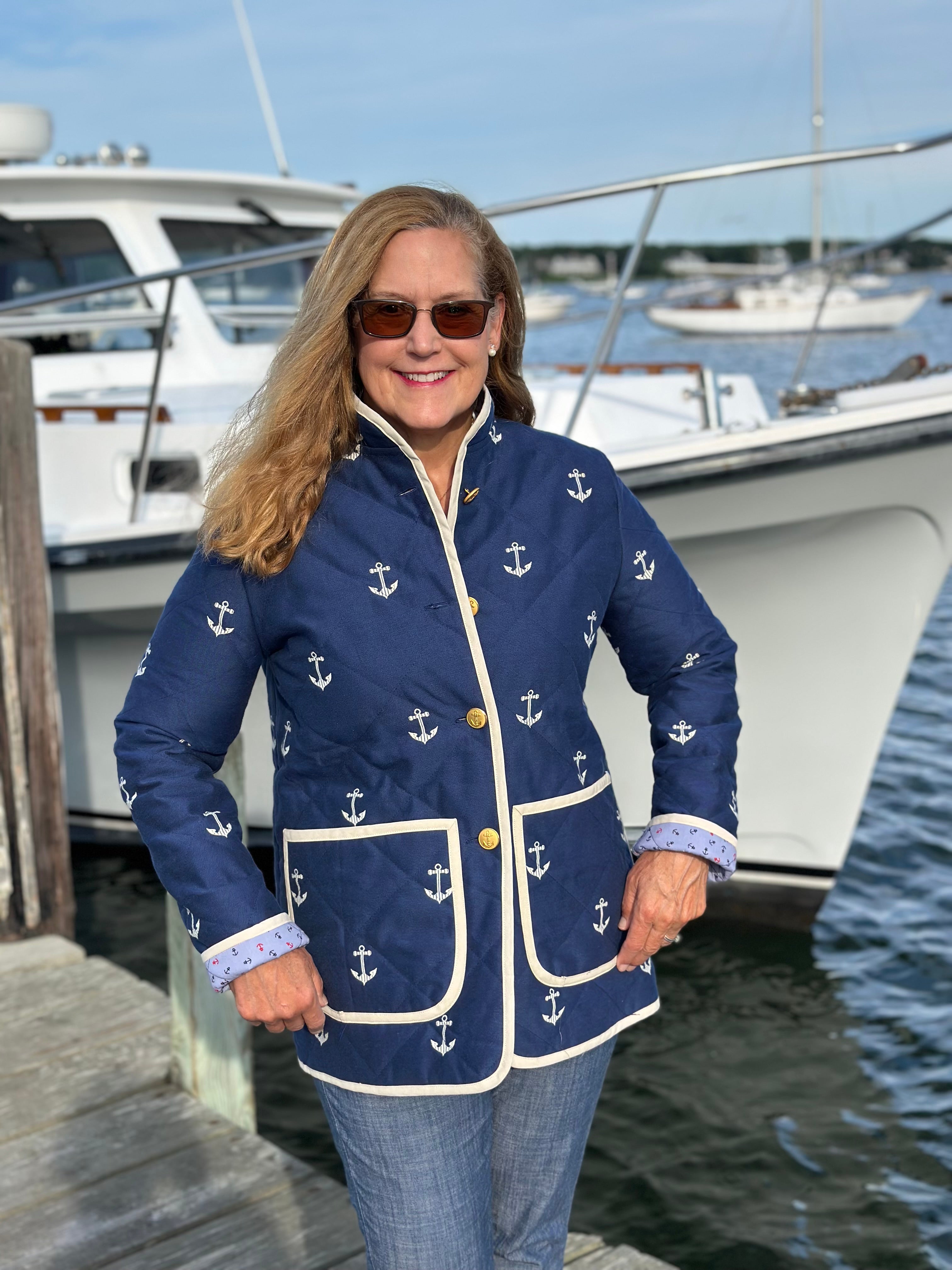 Harbor Heritage Quilted Coat showing Egyptian cotton anchor-print lining showing on sleeves rolled up. Handmade by Fabric & Soul in Cotuit, Cape Cod.