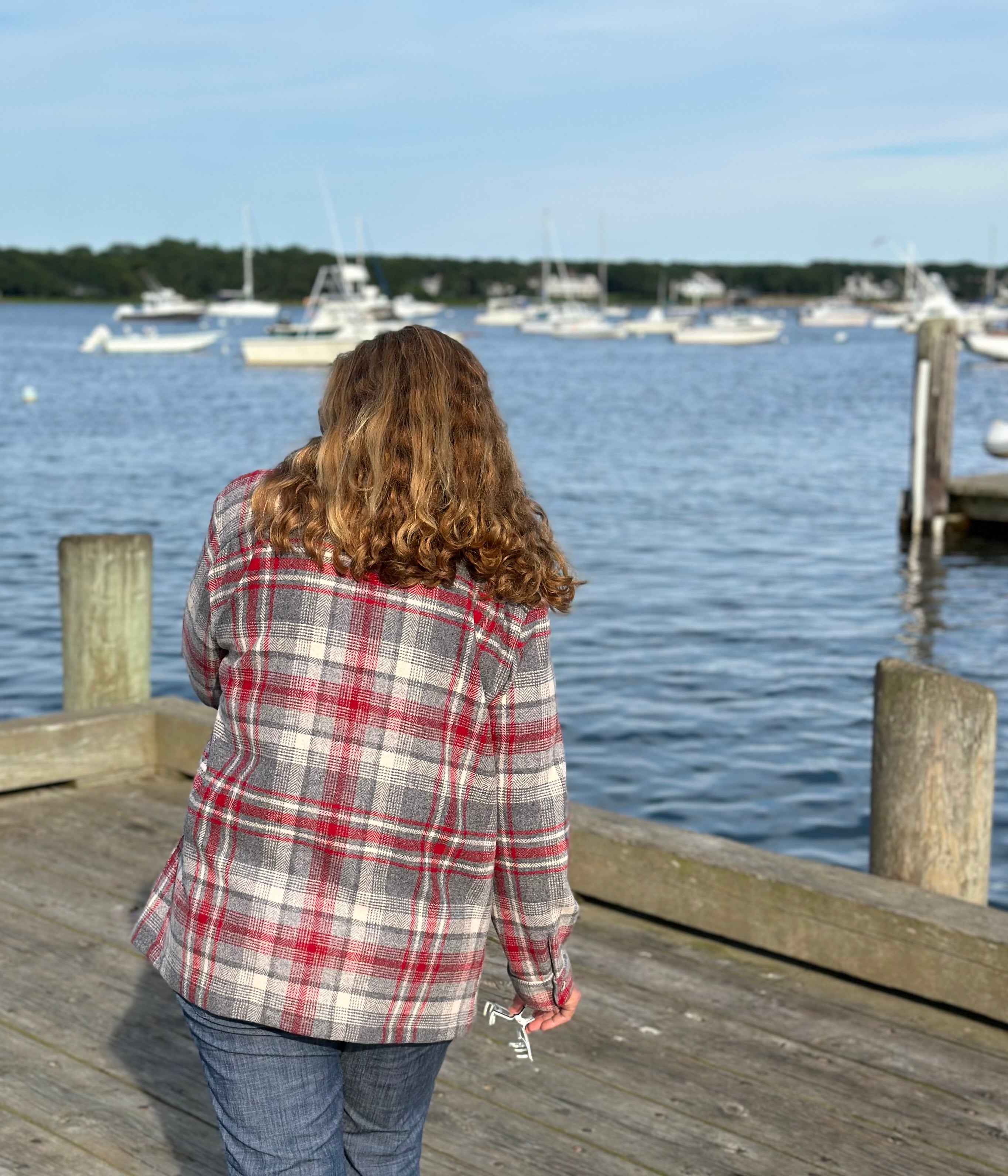Heritage Oregon Wool Shirt Jacket side view showing flanged shoulder and bias-cut pocket detail. Handmade by Fabric & Soul in Cotuit, Cape Cod.