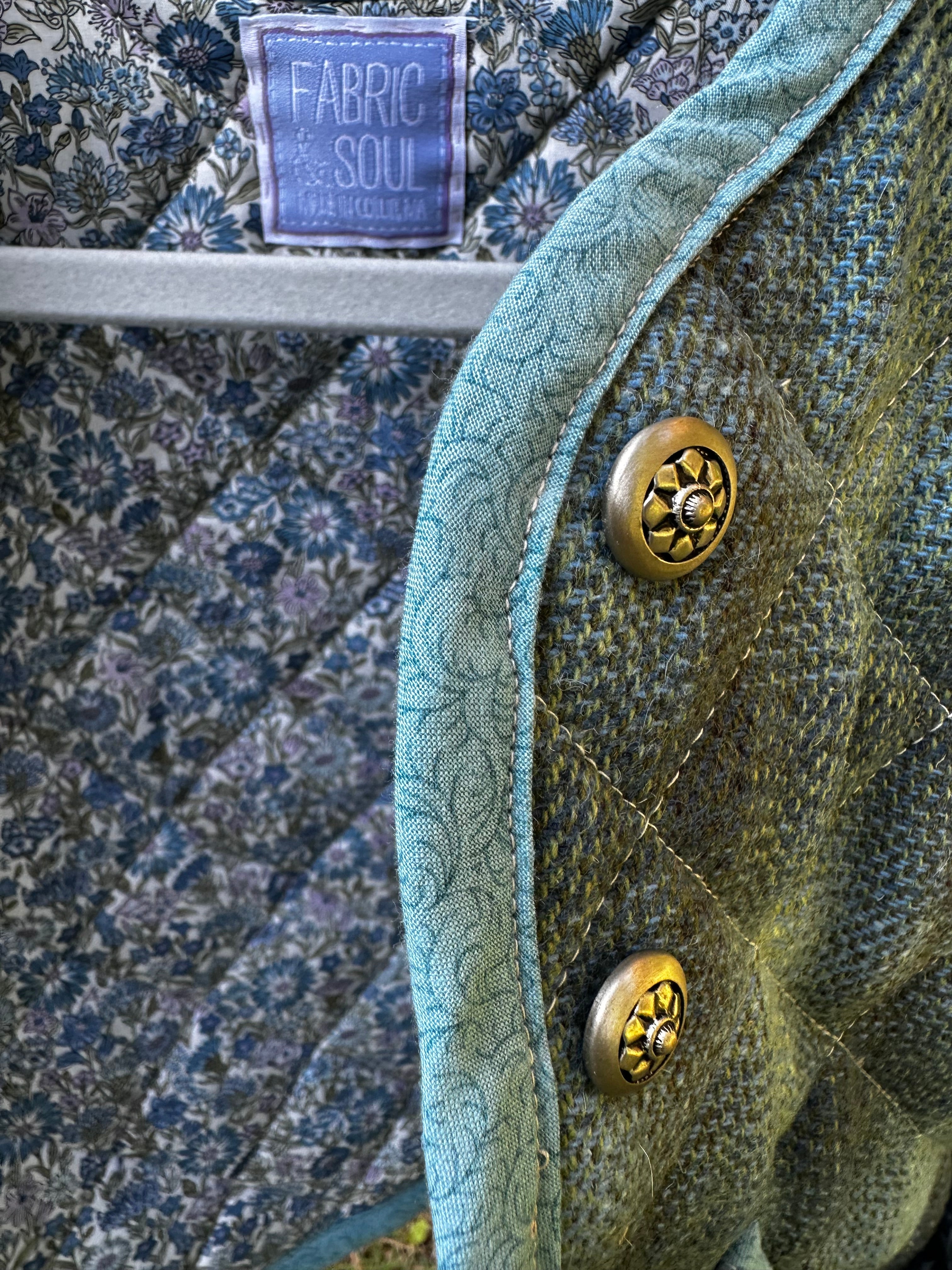 Scottish Wool Quilted Jacket Liberty of London Lined Toddler Size 3T – button and binding detail