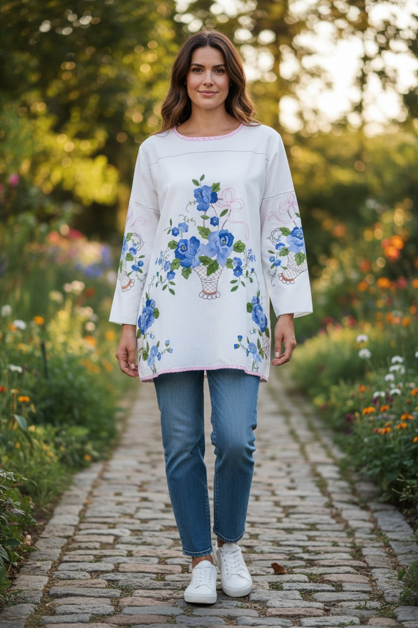 Virtual model wearing vintage blue floral basket tunic with jeans in garden setting — handmade sustainable cotton top by Fabric & Soul, size Medium