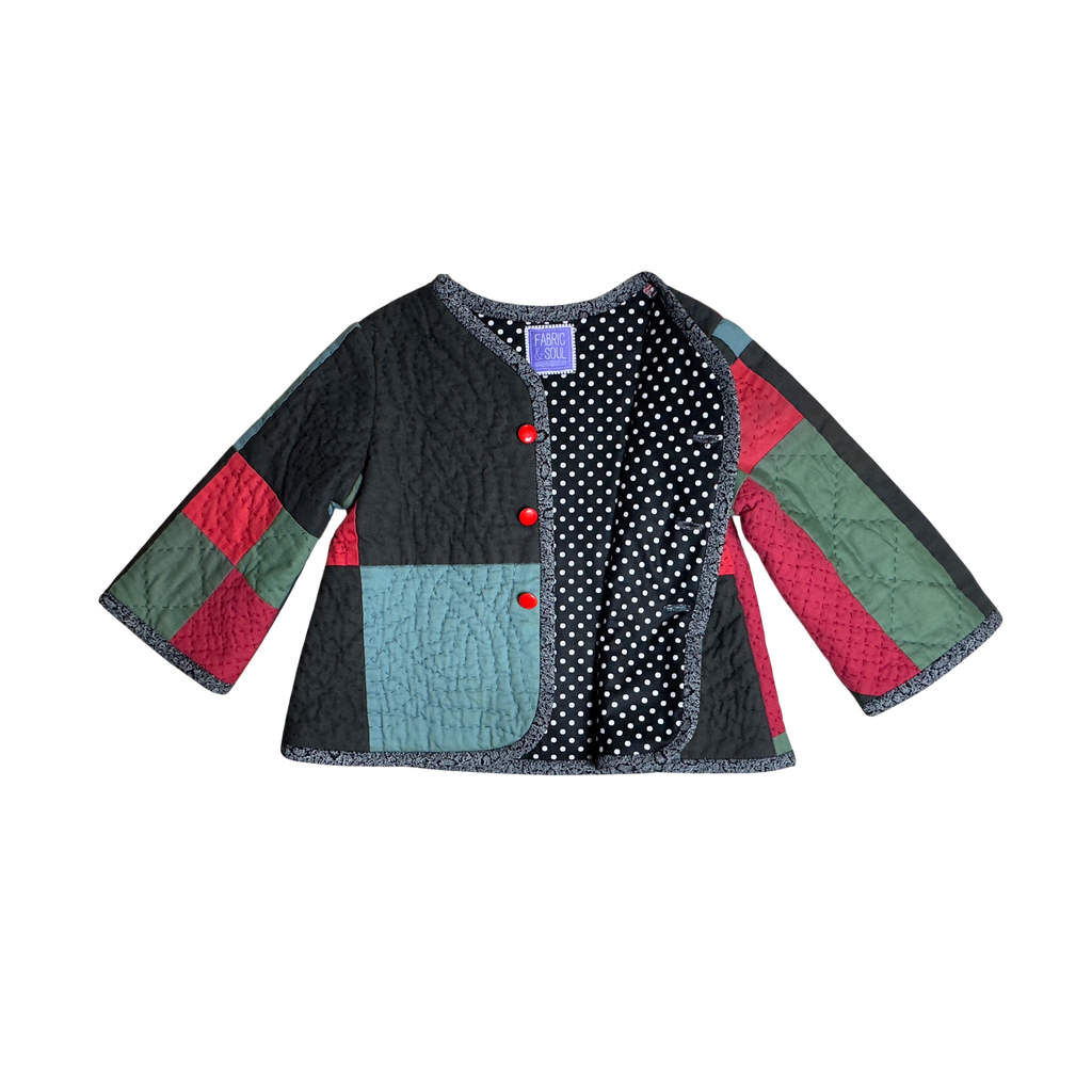 Front detail of hand-quilting  showing new black & white polka dot lining