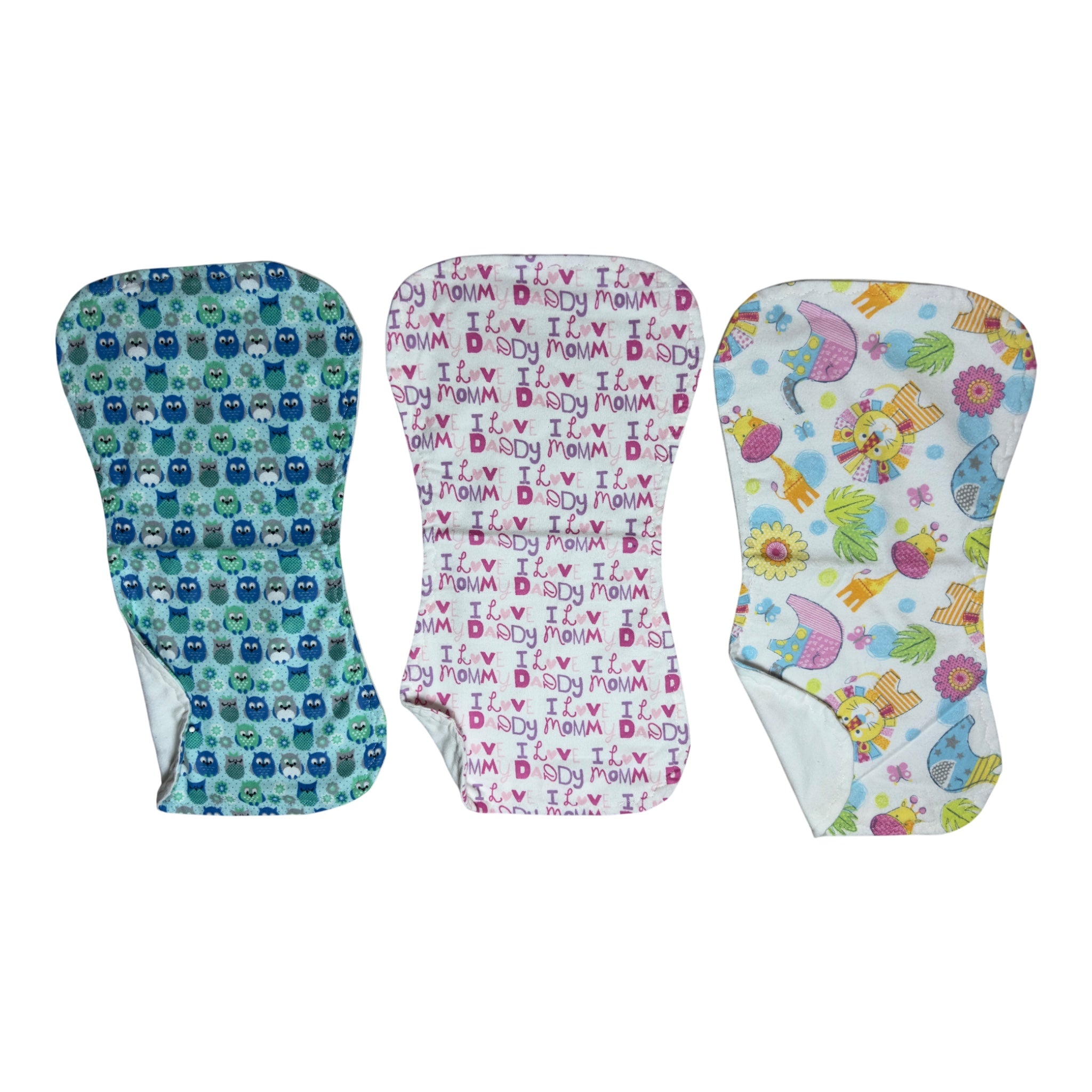 Handmade flannel baby burp cloth set of three with I Love Mommy and Daddy, owls, and pastel safari animals