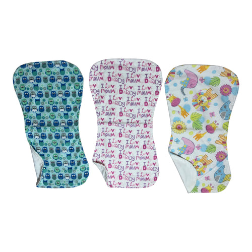 Handmade flannel baby burp cloth set of three with I Love Mommy and Daddy, owls, and pastel safari animals