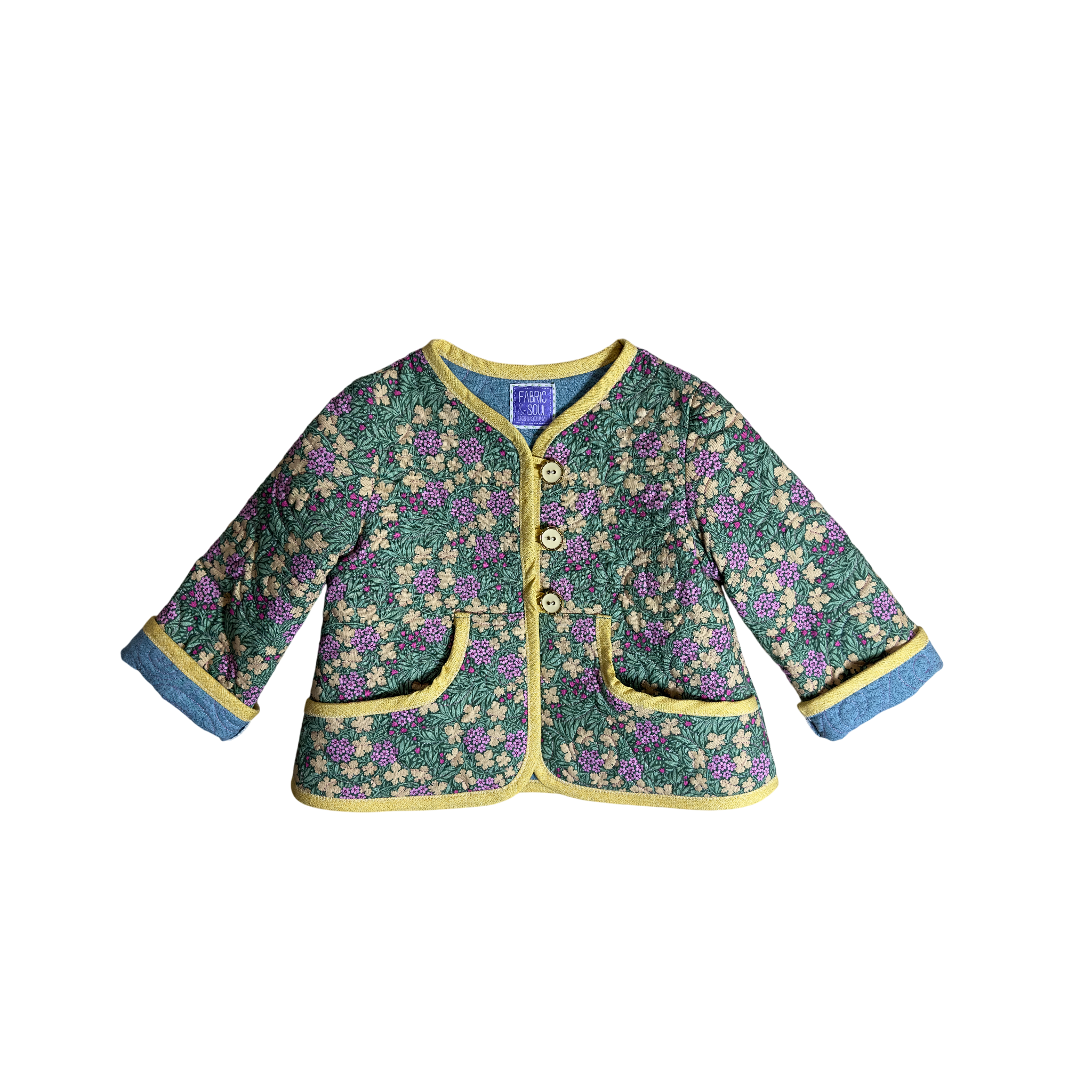 Childs Woodland Bloom jacket with green,  pink and blue botanical print