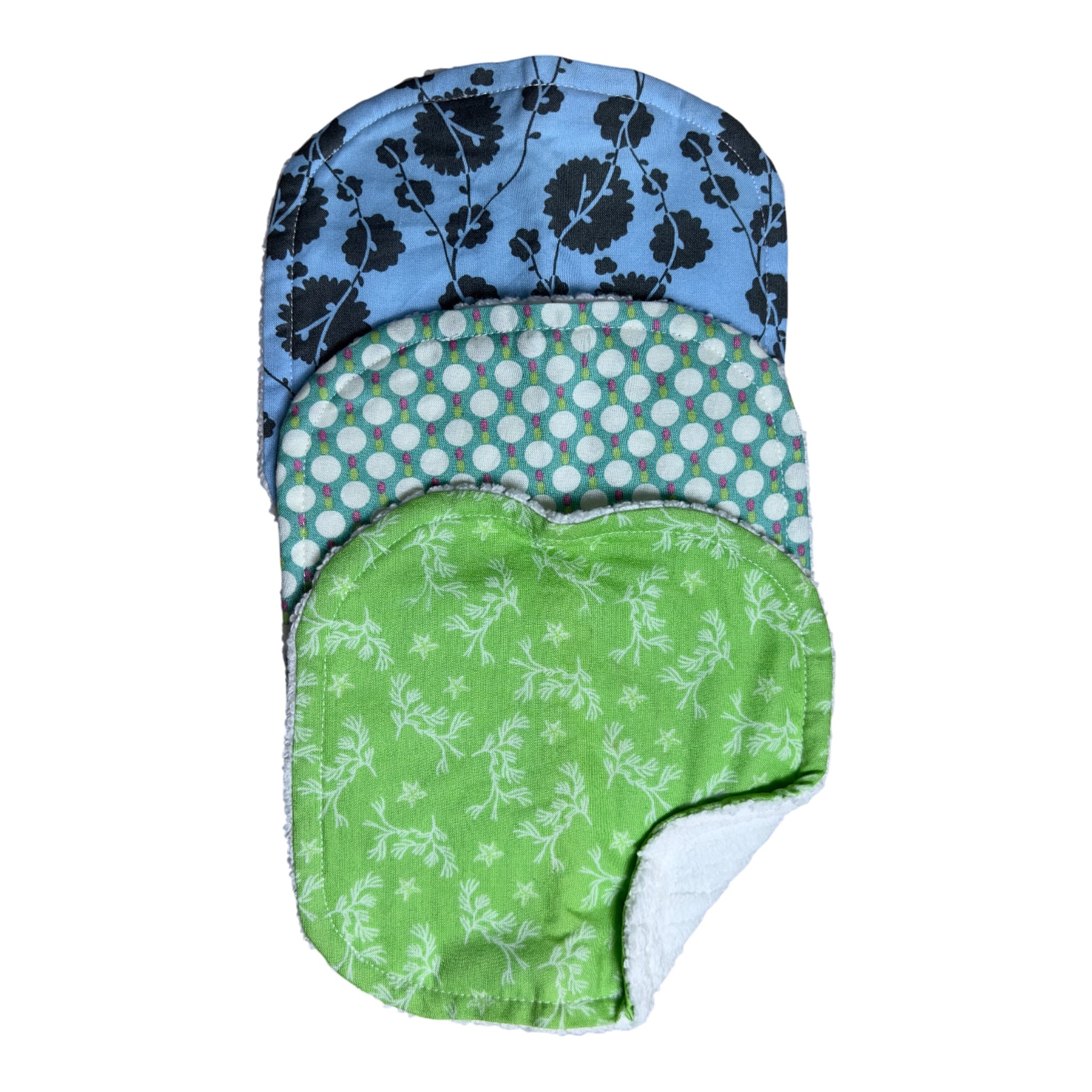 Handmade baby washcloth set of three with green vines, multicolor vines, and connected dots on soft terry cloth