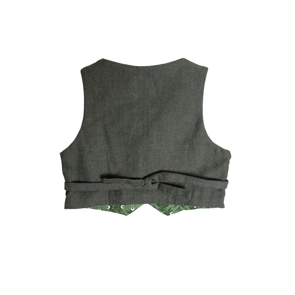 Back view of green vest with  tie for perfect fit