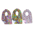 Handmade baby bib set of three with colorful candy, smiling flowers, and ice cream treats on quilting cotton with soft backing