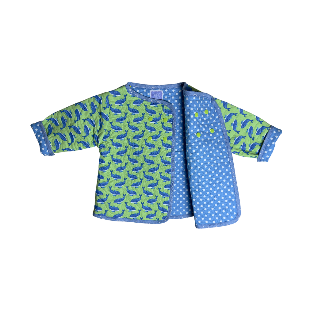 Detail of whale watcher pattern and snap closure with polka dot lining