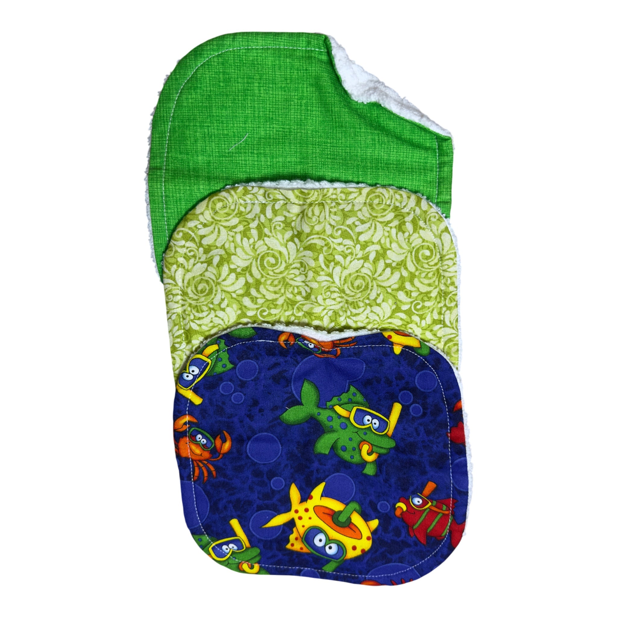 Handmade baby washcloth set of three with diving fish, green crosshatch, and seaweed swirls on soft terry cloth