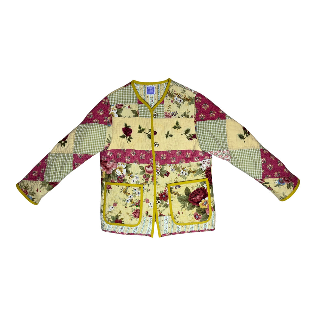 Vintage quilted jacket made from repurposed cotton quilt with gold and cream buttons and mustard binding, diagonal diamond sleeve pattern, one of a kind handmade coat by Fabric and Soul