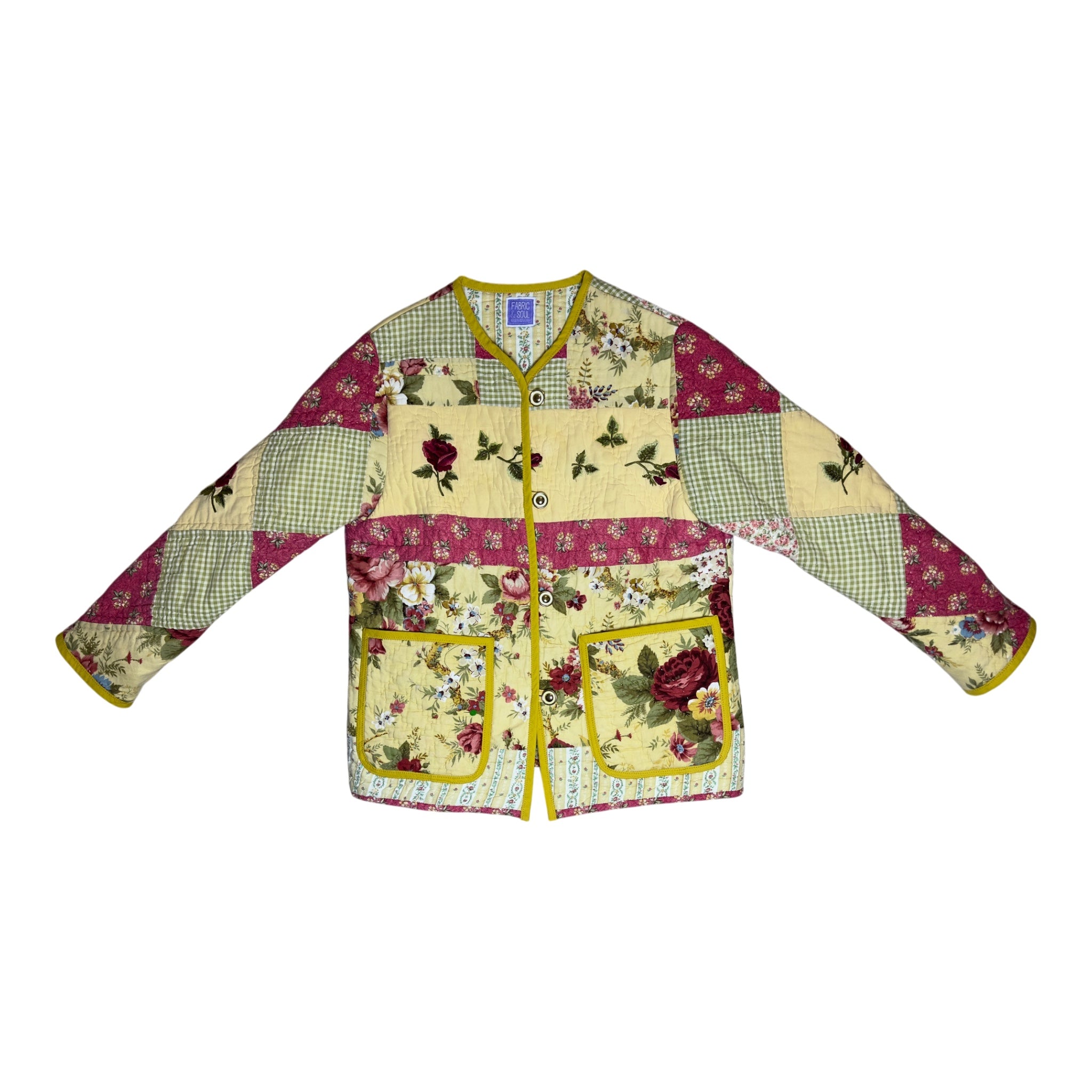 Vintage quilted jacket made from repurposed cotton quilt with gold and cream buttons and mustard binding, diagonal diamond sleeve pattern, one of a kind handmade coat by Fabric and Soul